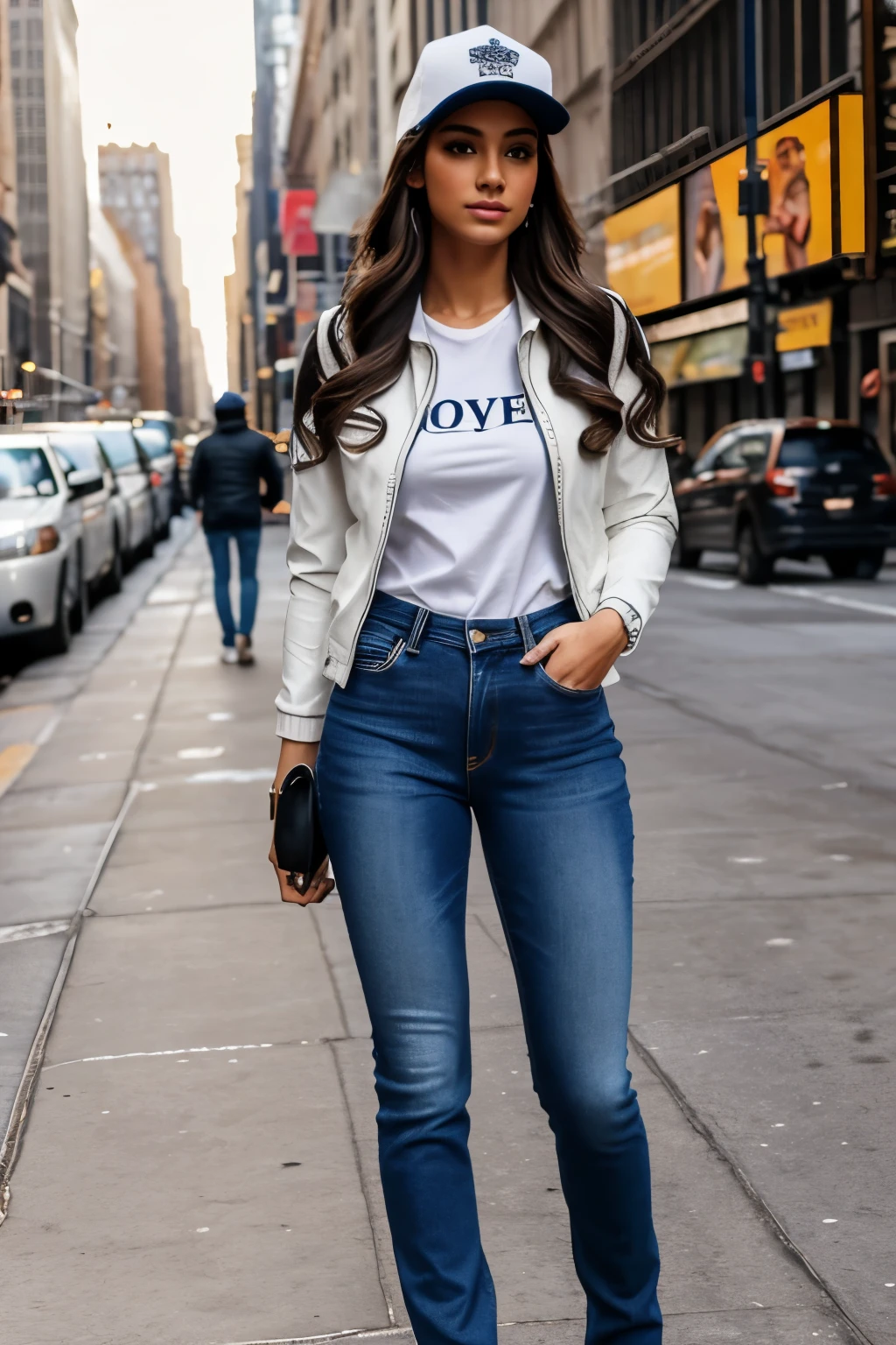 modelo joven, 26 years, cuerpo completo, vestida con jeans , remera blanca, chaqueta negra y gorra, fondo calles de nueva york