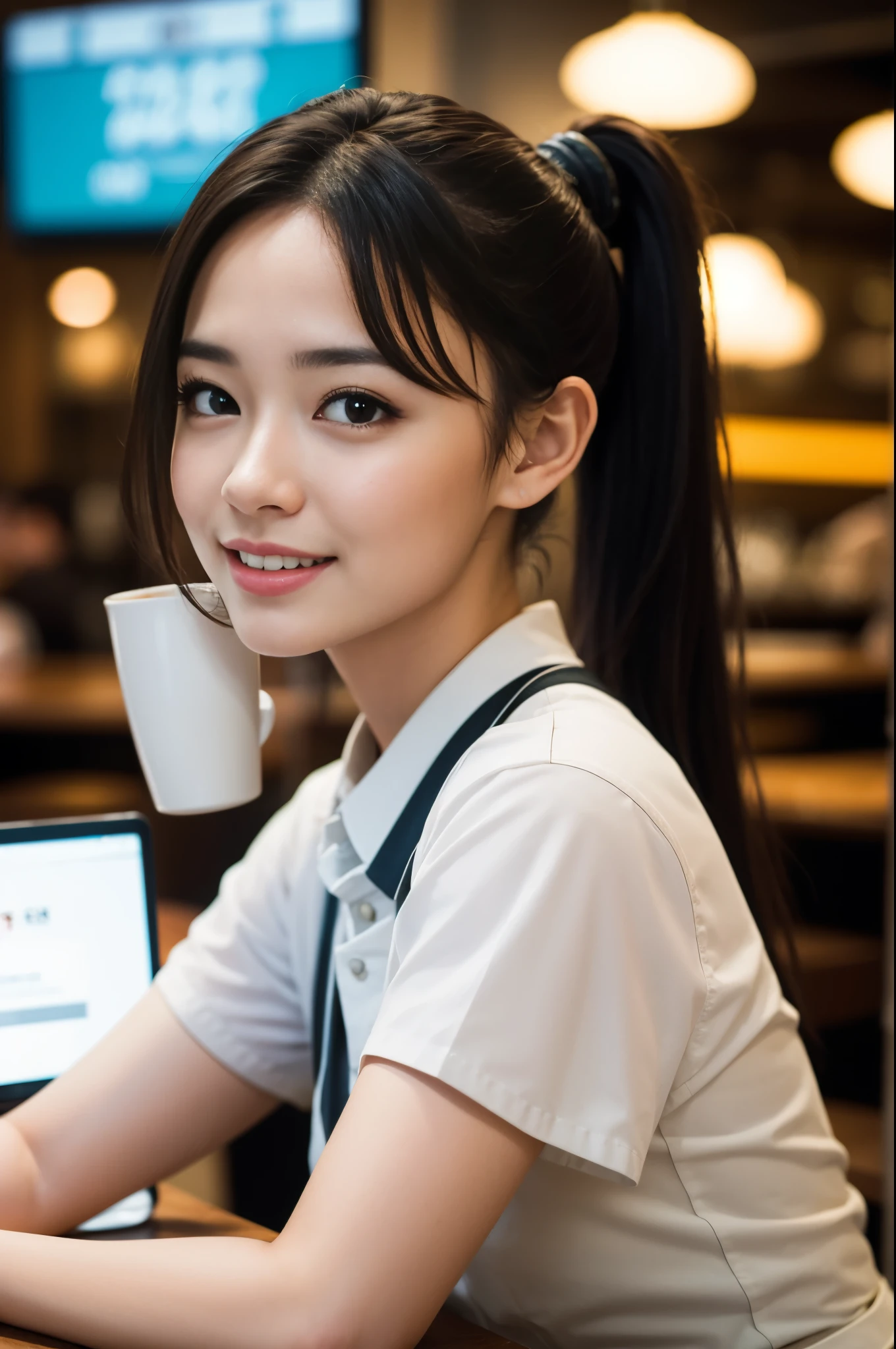  (8K, RAW photo, highest quality, masterpiece:1.3), (realistic, photo-realistic:1.4), (Highly detailed 8K wallpaper), sharp focus, Depth of written boundary,
 japanese idol,very cute,(baby face), (waitress:1.3),(ponytail:1.3), Look at us and smile, Upper body, highly detailed face and eyes,((shiny skin:1.2)), cinematic lighting, soft light, blur background, Cafe with a retro atmosphere)