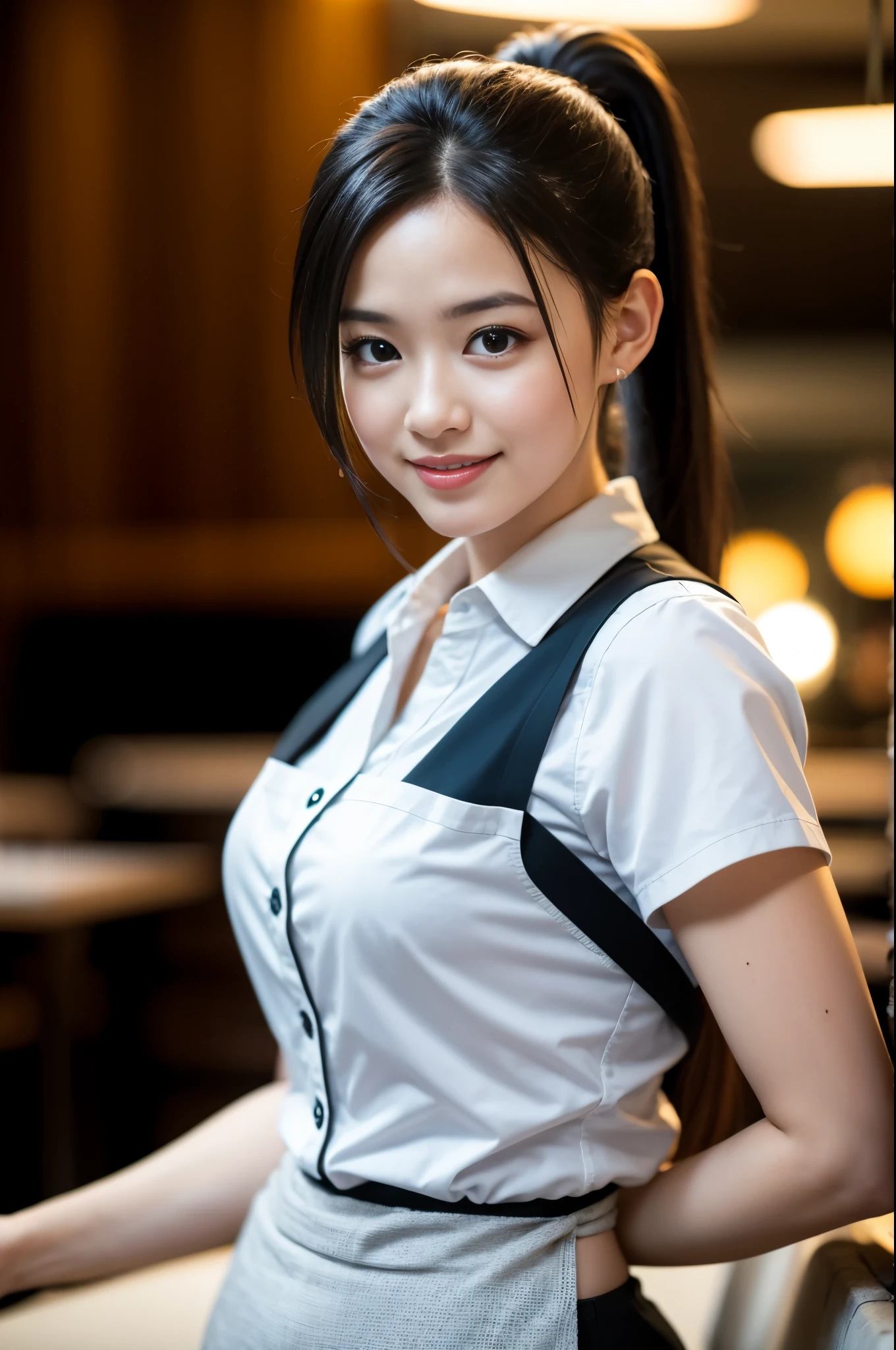 (8K, RAW photo, highest quality, masterpiece:1.3), (realistic, photo-realistic:1.4), (Highly detailed 8K wallpaper), sharp focus, Depth of written boundary,
japanese idol,very cute,(), (waitress:1.3),(ponytail:1.3), Look at us and smile, Upper body, highly detailed face and eyes,((shiny skin:1.2)), cinematic lighting, soft light, blur background, Cafe with a retro atmosphere)