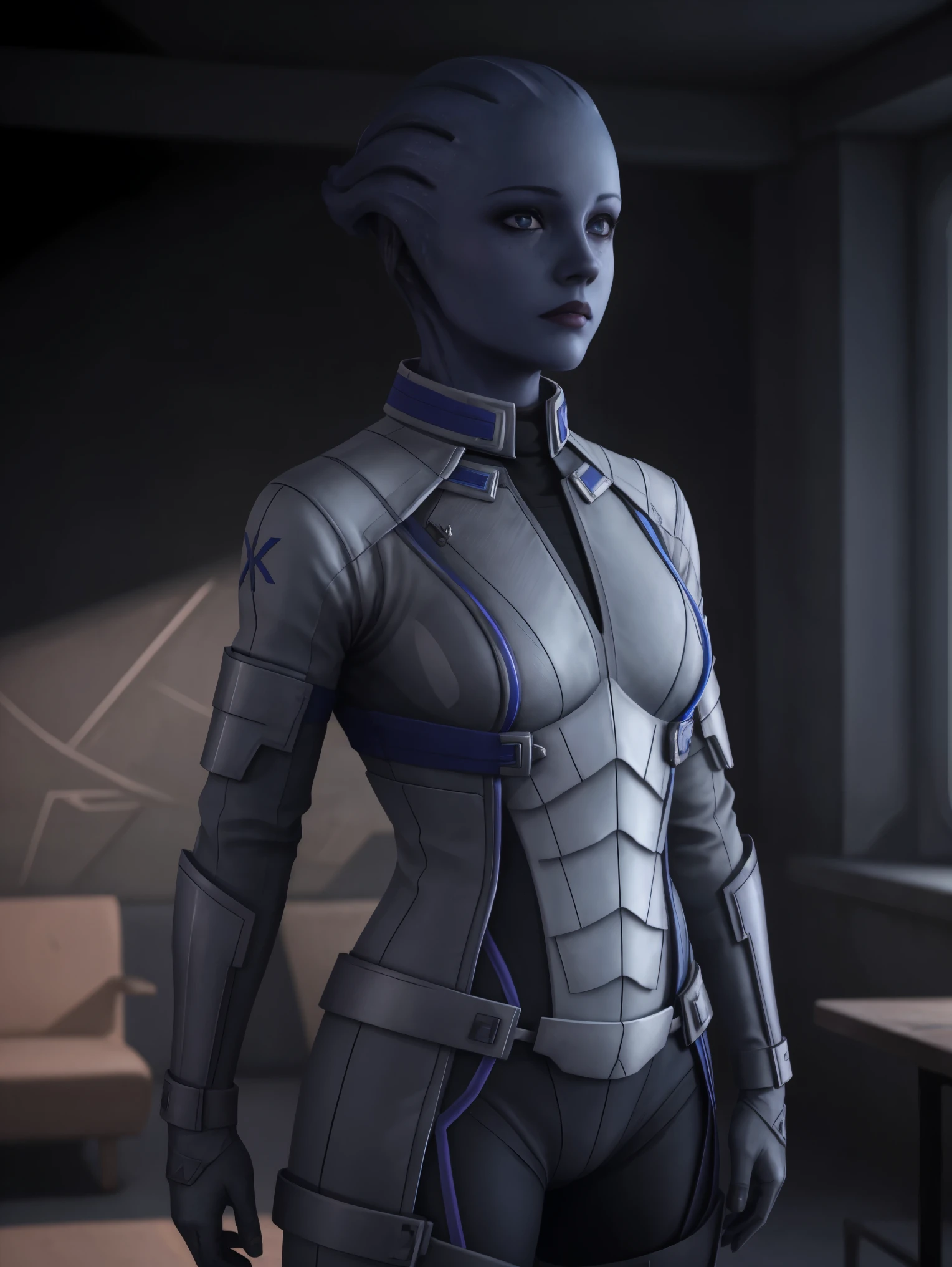 masseffectliara standing in a room, cute face, realistic armor materials, shiny armor, dramatic lighting, wallpaper, intricate, sharp focus, ray tracing, rtx, professionally color graded, professional photography, masterpiece, ultra detailed, high quality, best quality, 4k, 8k, raw 