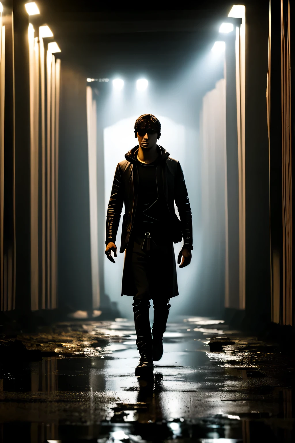En un mundo sumido en la oscuridad, se muestra al protagonista, un joven solitario, se muestra al protagonista caminando solo, with a sad expression on his face