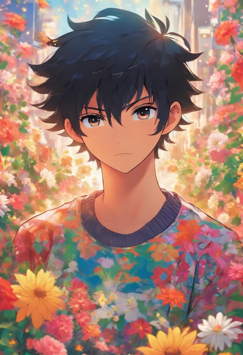 masterpiece, collage of teenage boy, casual outfit, flowers, blond hair, black hair,
