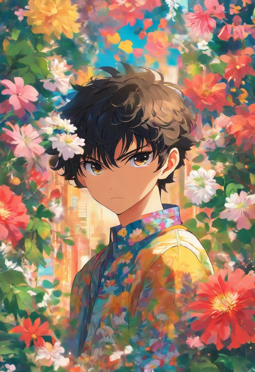 masterpiece, collage of boy, casual outfit, flowers, black hair,