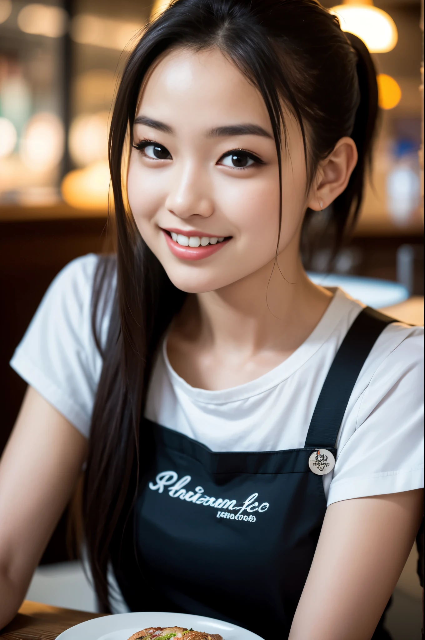  (8K, RAW photo, highest quality, masterpiece:1.3), (realistic, photo-realistic:1.4), (Highly detailed 8K wallpaper), sharp focus, Depth of written boundary,
 japanese idol,very cute,(baby face), (waitress:1.3),(ponytail:1.3), Look at us and smile, Upper body, highly detailed face and eyes,((shiny skin:1.2)), cinematic lighting, soft light, blur background, Cafe with a retro atmosphere)