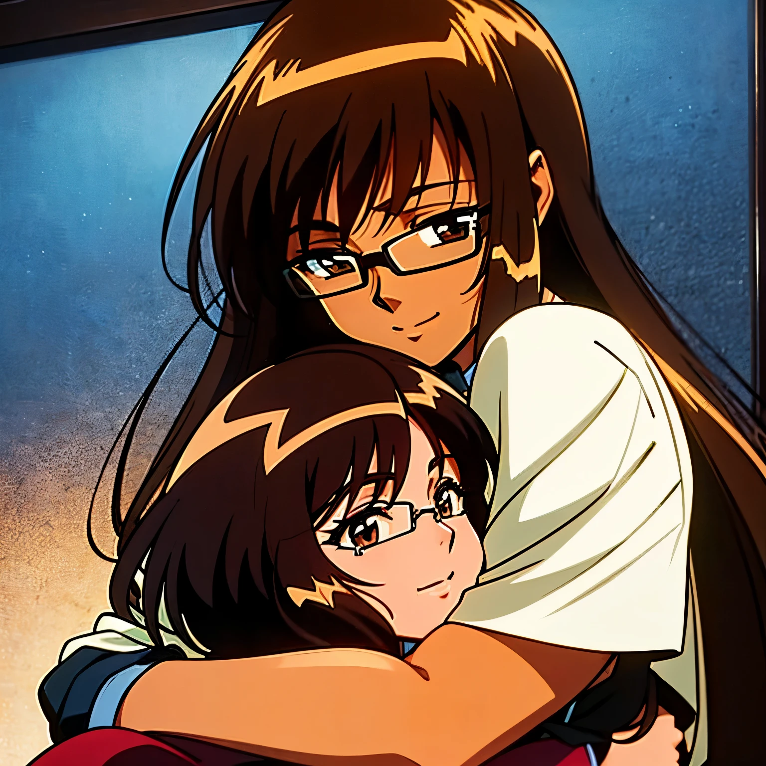 one woman with long straight hair, brown hair, DARK skin, black shirt, black glasses, brown eyes, hugging. A woman with SHORT hair, bangs, glasses, black eyes, light skin, white shirt, two yellow locks on each side, hugging (super detailed) anime, smile, two womans