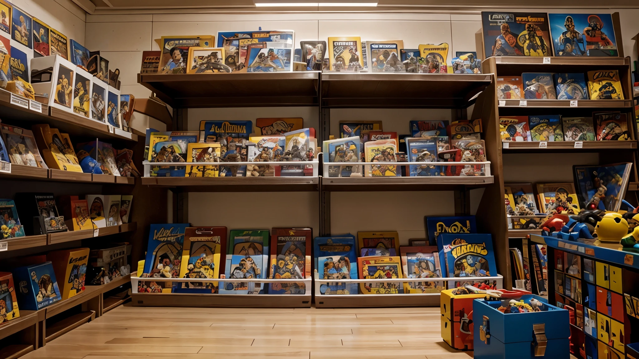 A background of shelves filled with toys and collectables, star wars, marvel,  photorealistic 