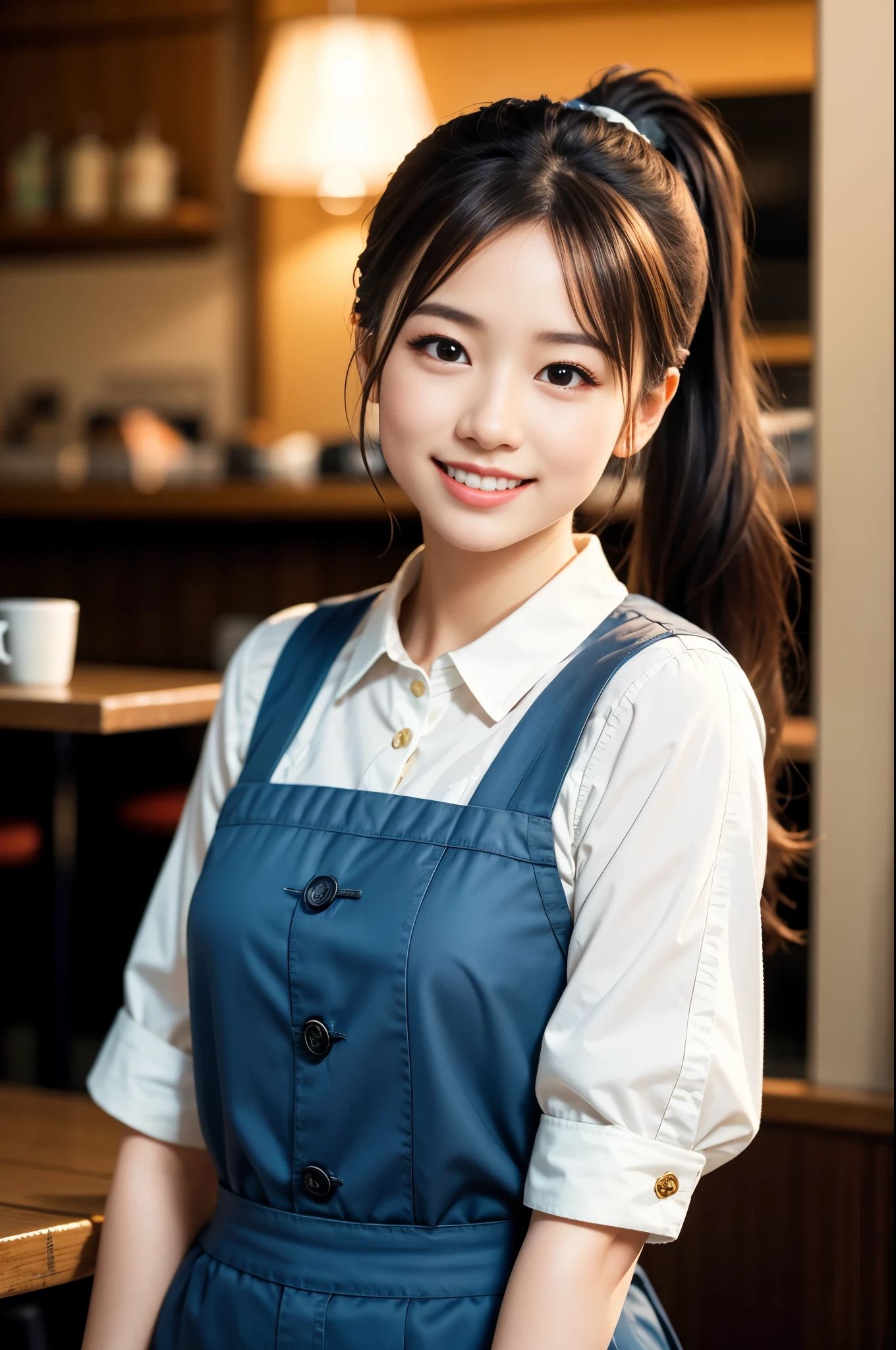  (8K, RAW photo, highest quality, masterpiece:1.3), (realistic, photo-realistic:1.4), (Highly detailed 8K wallpaper), sharp focus, Depth of written boundary,
 japanese idol,very cute,(baby face), (waitress:1.3),(ponytail:1.3), Look at us and smile, Upper body, highly detailed face and eyes,((shiny skin:1.2)), cinematic lighting, soft light, blur background, Cafe with a retro atmosphere)