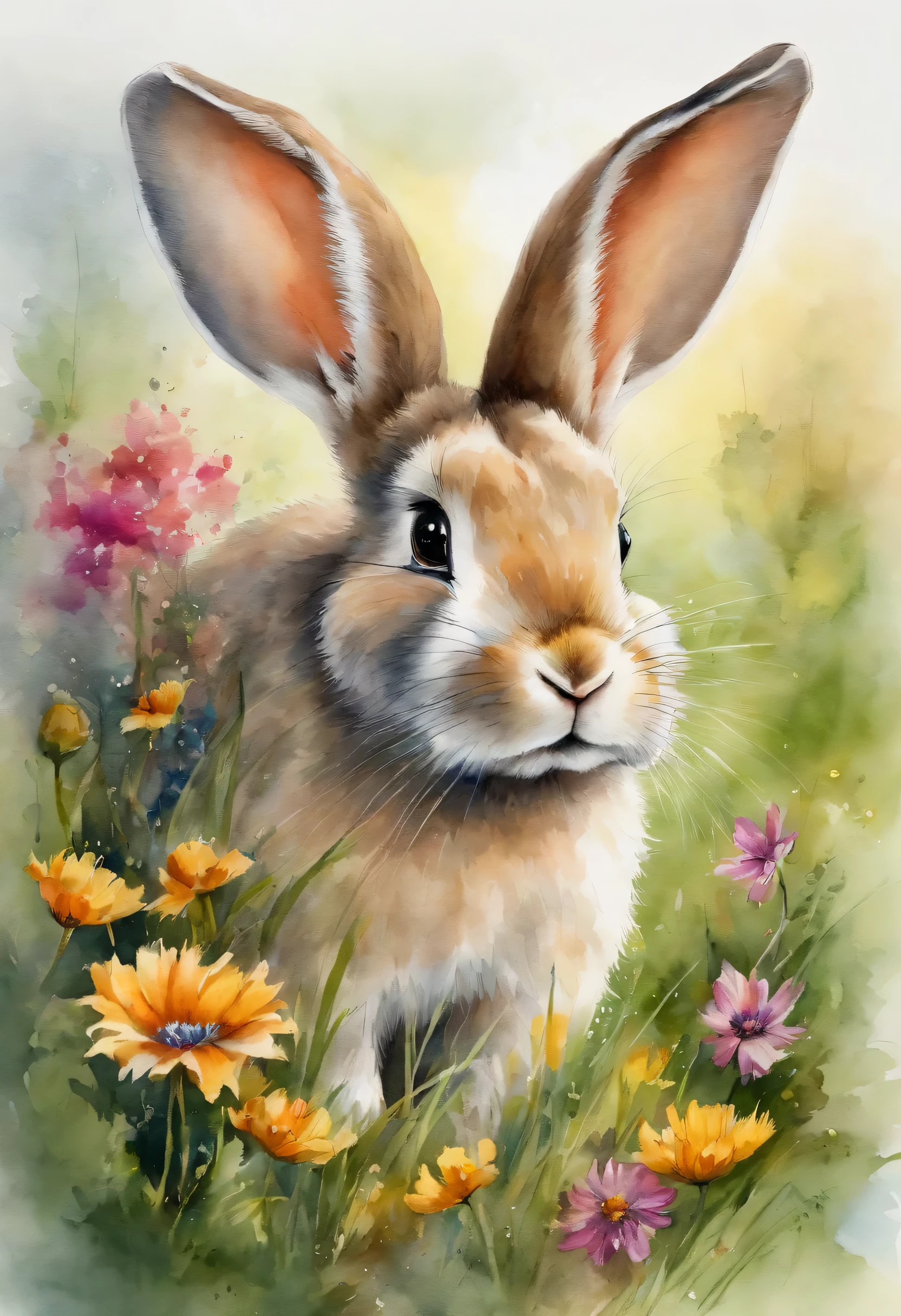 (Very exquisite CG unit 8k wallpaper, masterpiece, better quality, super detailed), (better lighting, best shade, extremely delicate and beautiful), (cute bunny), (sleeper), (Beautiful grass), (cloud), (colorful flowers), (Rabbit details'The head is very clear)
