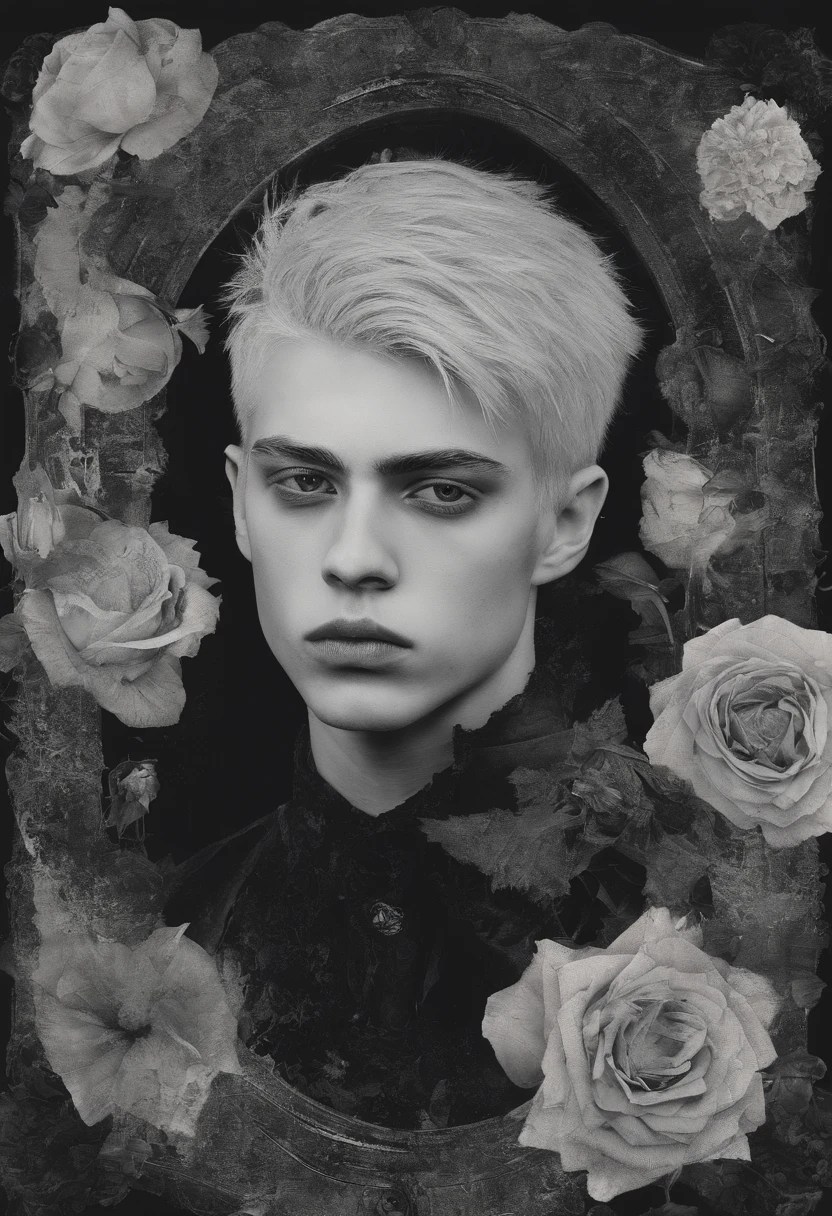masterpiece, collage of teenage boy, casual outfit, flowers, blond hair, black hair,
