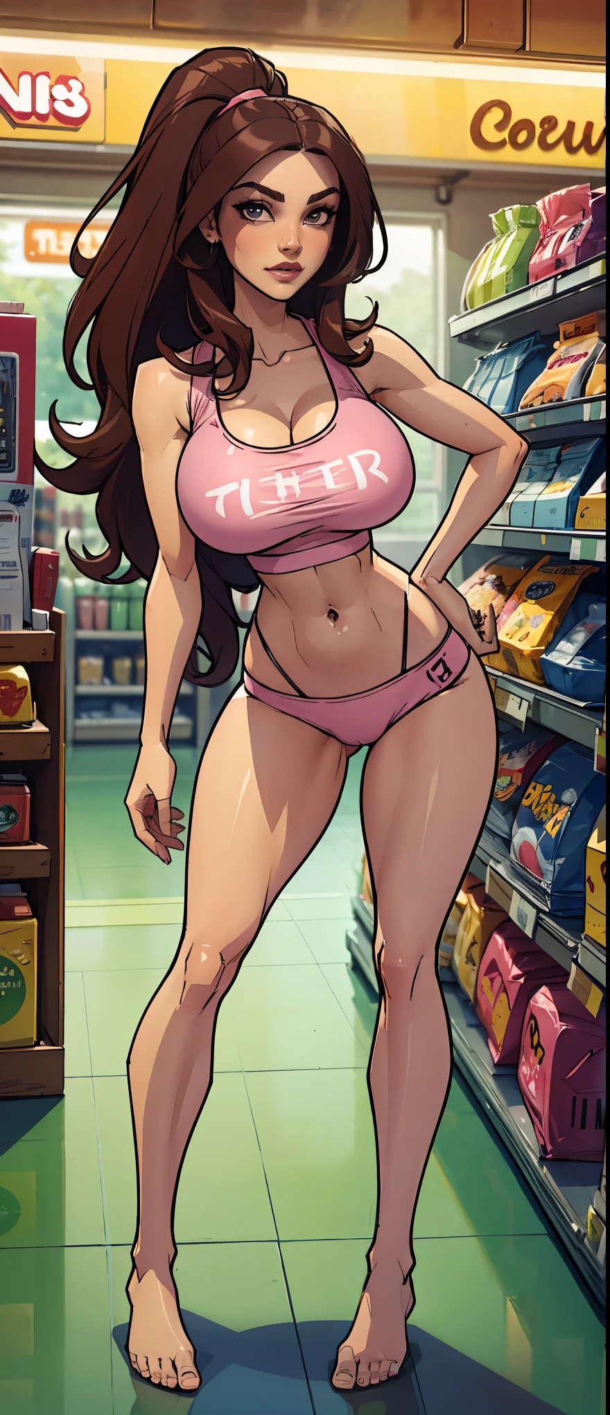 1 woman, wavy brown hair, conjunctivitis, sly face , Beaming , white tank top , Pink panties , abdomen, big , Long legs , stand on your hips... , Barefoot , Convenience store ·