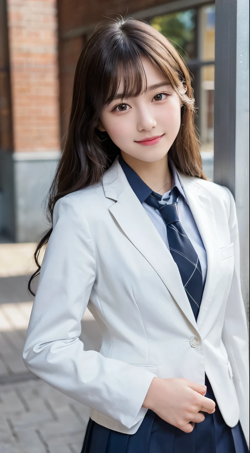 (highest quality,8K quality,masterpiece:1.3),(ultra high resolution,photorealistic:1.4,Live shooting),(Super detailed,caustics,detailed background),(ultra-realistic capture,Beautifully detailed skin,perfect anatomy),at dusk,Sunset sky,school building,schoolyard,18-year-old,cute,single eyelid,black long hair,School Blazer Uniform,Looking at the camera,A sloppy smile,bust up shot,Natural light