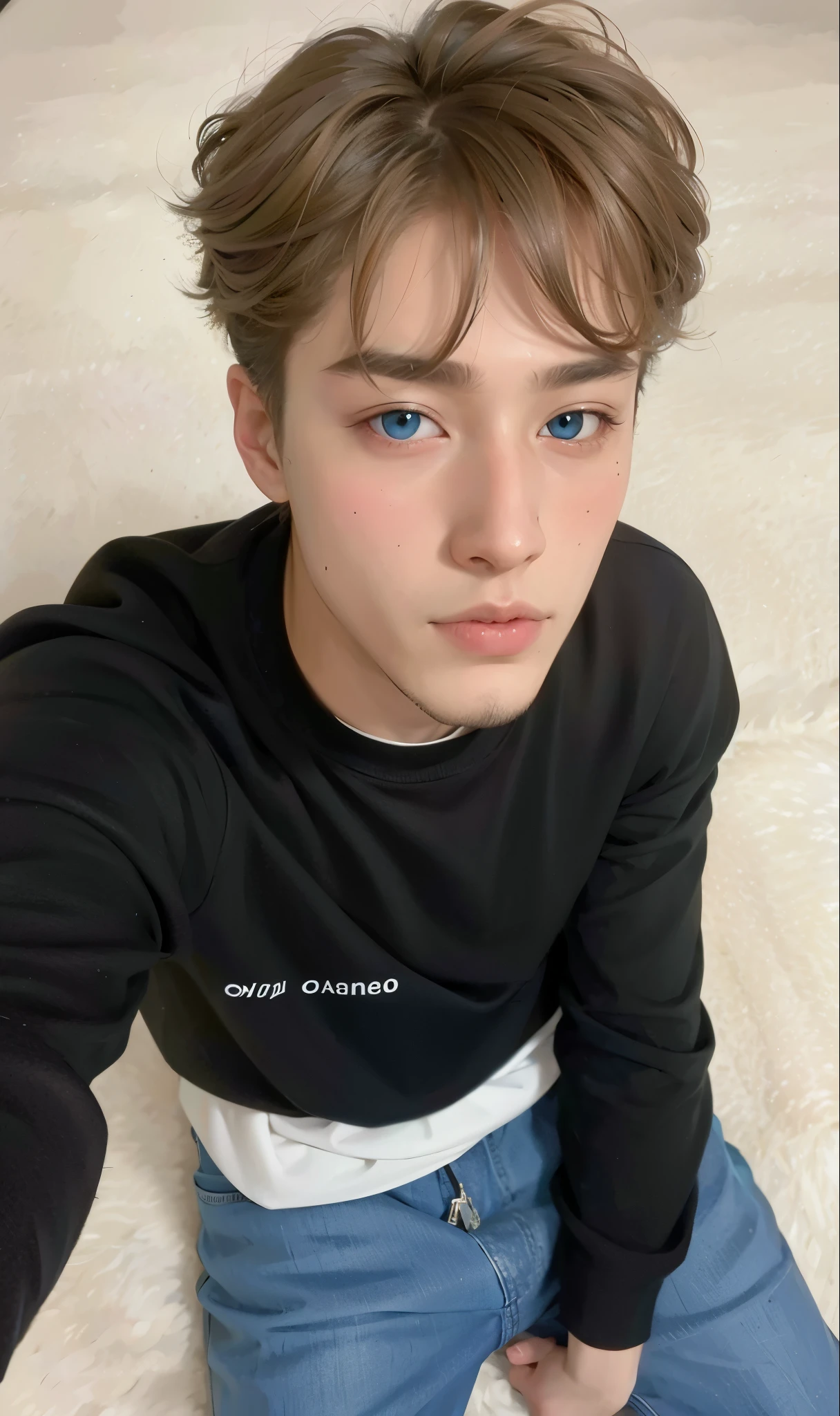 Un joven arafed sentado en el suelo, cai xukun, taken in the early 2020s, cara perfecta y chico, delicate androgynous prince, foto de perfil en la cabeza, clina cristiana, cara linda y clara, Casey Cooke, tomada en 2022, ojos azules claros, Par David, ojos holgados, sin barba