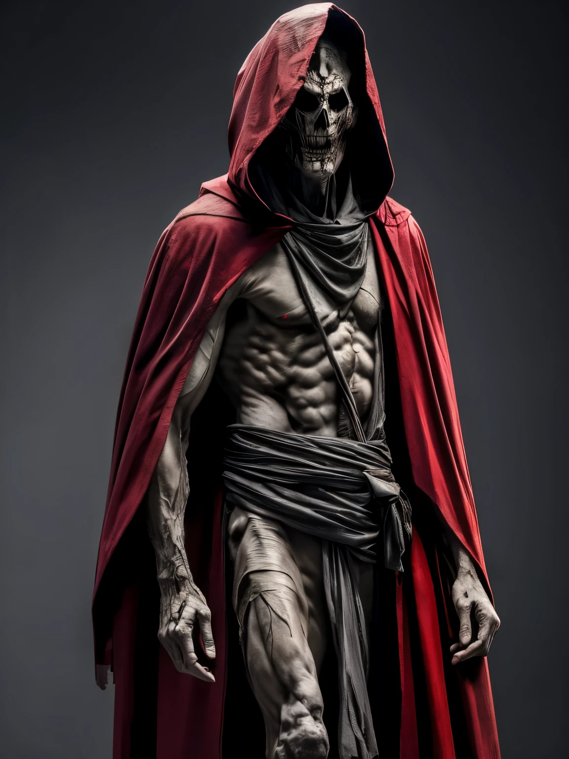 (masterpiece:1.2), absurdres, A photorealtic shot od Mumm-Ra,solo, decaying mummy,a malevolent and ancient sorcerer, , withered, shrouded in rotting bandages, emaciated body. grotesque, skin is a sickly grey, covered in tattered rotting bandages, is body is emaciated, his face is hidden by a hooded red robe, glowing sinister red eyes, malevolent,  (highly detailed:1.3)
