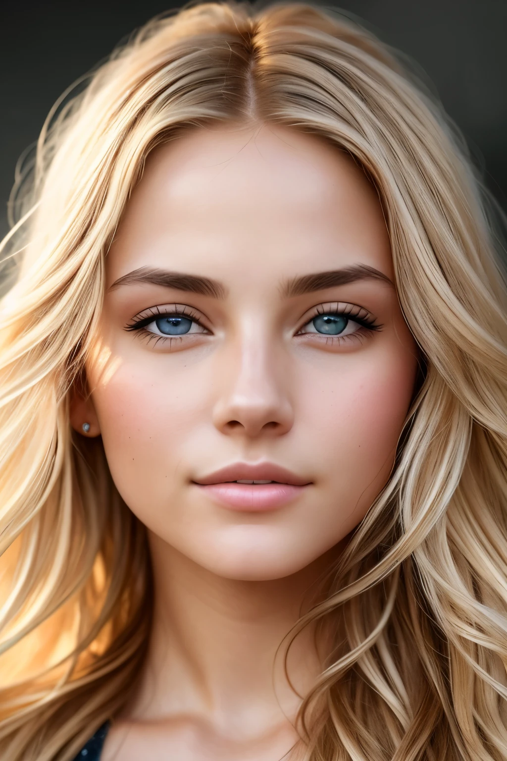 A captivating image of a radiant white woman with long, wavy blonde hair cascading down her shoulders and brown eyes that sparkle with warmth. Her physique is toned and fit, exuding an aura of health and vitality. The scene is illuminated with soft, warm hues in a high-definition, ultra-realistic style. The intricate details of her skin texture are highlighted in a close-up shot, giving the portrait a hyper-detailed, cinematic feel that truly brings her beauty to life. Despite the absence of a specific prompt, the image conveys an air of elegance and timeless charm.