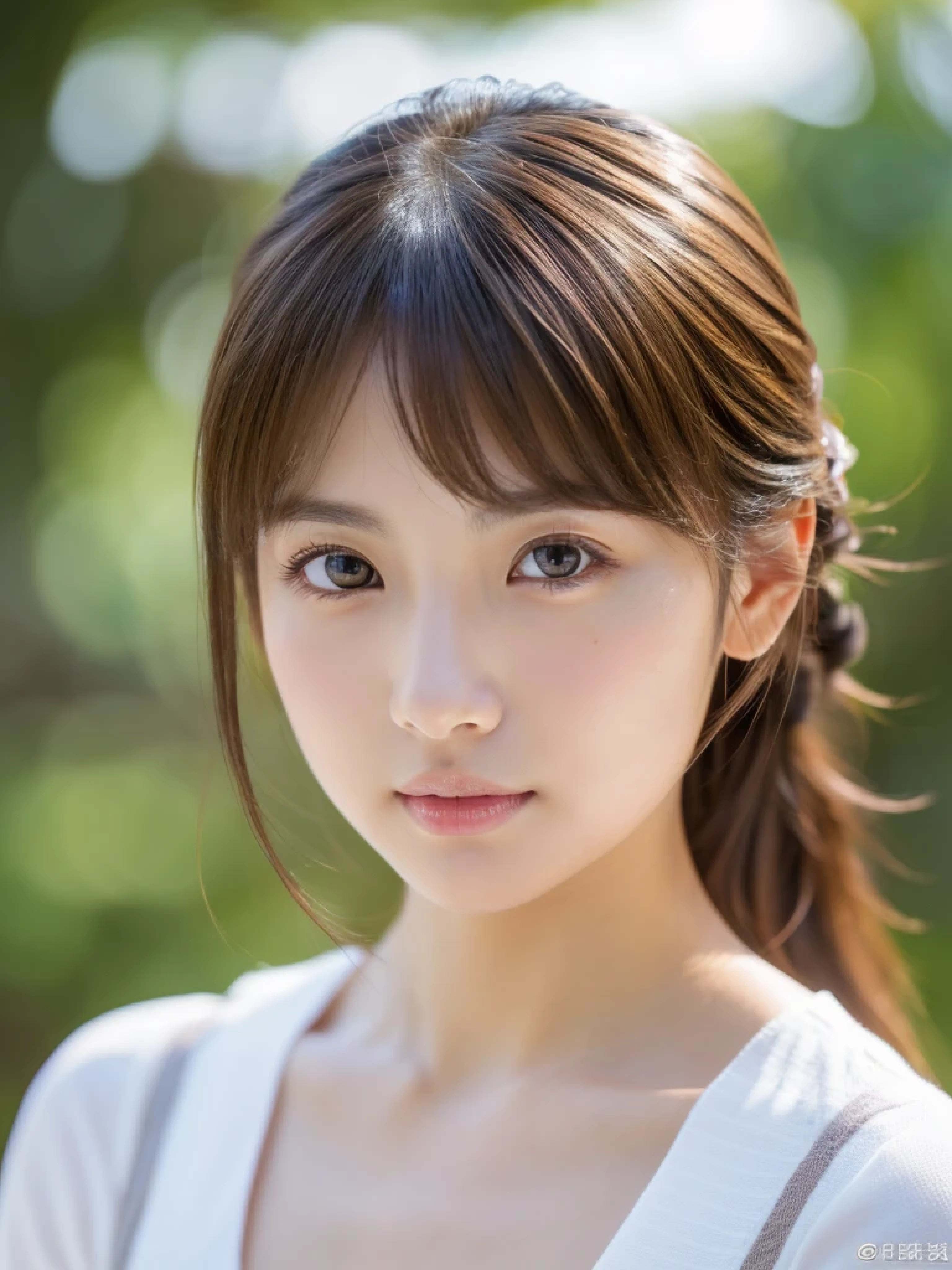 ((cute日本の女の子、beautiful japanese girl、1 girl、19 years old、ponytail、Highly detailed face and skin texture、super detailed face、highly detailed eyes、Lee Hong、blush、close-up of woman、front、cute、Highly detailed face and skin texture、smooth white skin、Transparent skin texture、))、(dark brown hair)、look at the camera、sharp focus：1.2、beautiful woman with perfect style：1.4、japanese model、young gravure idol、若いcuteグラビアアイドル、Realistic young gravure idol、sophisticated gravure idol、((highest quality、8K、masterpiece:1.3、１photograph))、(4K、RAWphotograph、highest quality)、Place someone on the other side of the screen、Natural light、professional lighting、(realistic、フォトrealistic:1.5)、