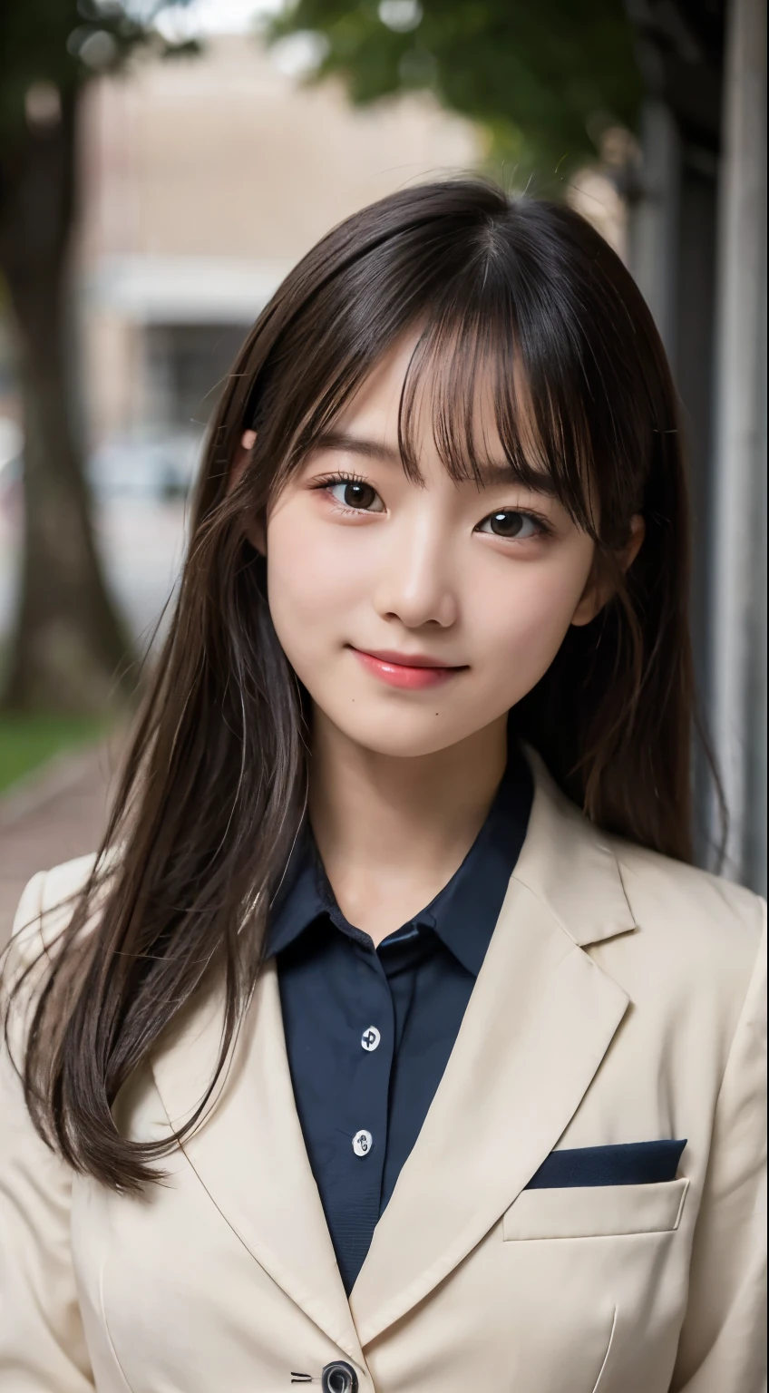 (highest quality,8K quality,masterpiece:1.3),(ultra high resolution,photorealistic:1.4,Live shooting),(Super detailed,caustics,detailed background),(ultra-realistic capture,Beautifully detailed skin,perfect anatomy),at dusk,Sunset sky,school building,schoolyard,18-year-old,cute,single eyelid,black long hair,School Blazer Uniform,Looking at the camera,A sloppy smile,bust up shot,Natural light