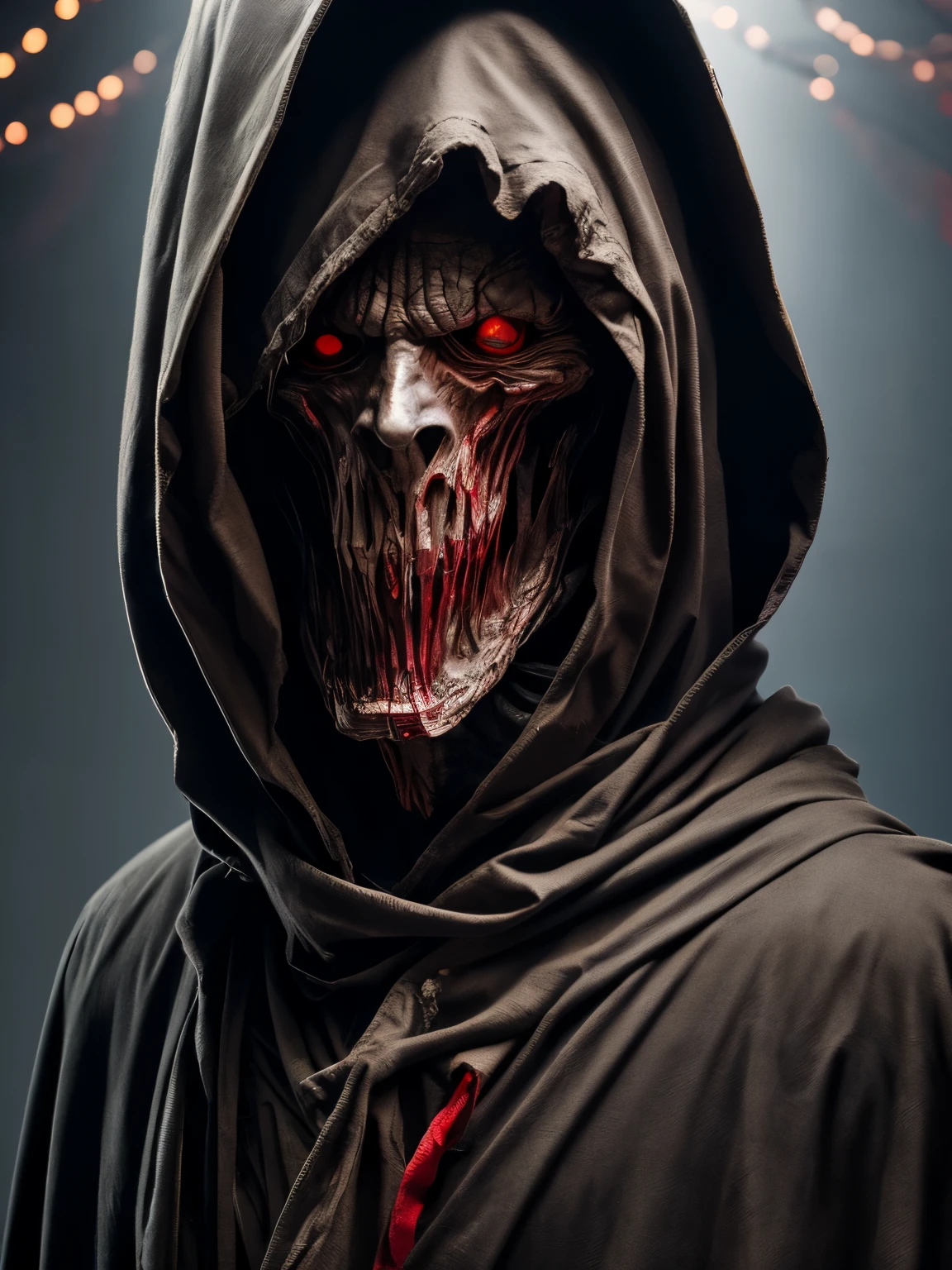 (masterpiece:1.2), absurdres, A photorealtic shot od Mumm-Ra,solo, decaying mummy,a malevolent and ancient sorcerer, , withered, shrouded in rotting bandages, emaciated body. grotesque, skin is a sickly grey, covered in tattered rotting bandages, is body is emaciated, his face is hidden by a hooded red robe, glowing sinister red eyes, malevolent, (highly detailed:1.3)