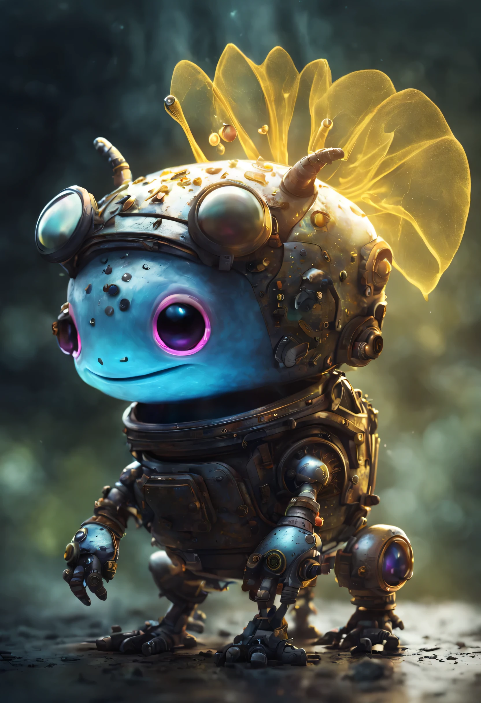ultra muy detallado, linda caricatura robot-axolotl, arte conceptual, Vadim Kashin, gran angular, Claroscuro, luz de llanta, cinematic light, cinematic effects, Ultra texturizado, ultra muy detallado, Estiliza 1000, Viñeta, Luz puntual, Efecto vidrio roto, Sin antecedentes, impresionante, algo que ni siquiera existe, Being mythical, energy, molecular, texturas, escamas iridiscentes y luminiscentes, impresionante belleza, Pure perfection, presencia divina, inolvidable, impresionante, impresionante belleza, volumetric light, auras, rayos, Los colores vivos reflejan, amarillo negro