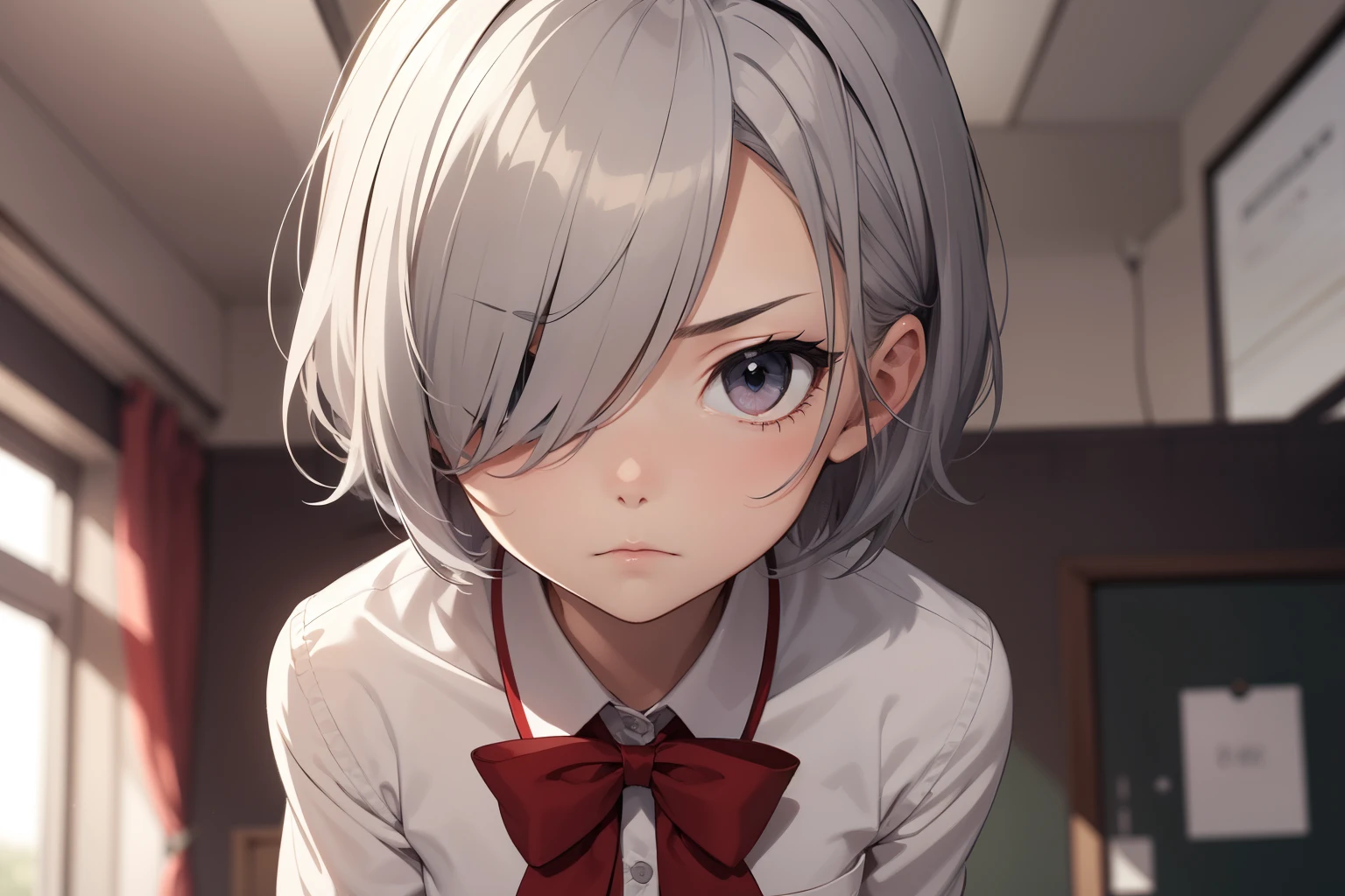 1 girl, gray eyes, short silver hair covering her eyes, black school uniform, red bow, yandere face, serious expression, super detailed, in room, laft view