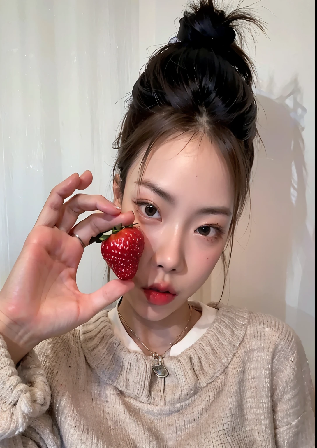 There's a woman holding a strawberry in her hand, jennie blackpink, with apple, Sha Xi, Jinyoung Shin, segurando um morango gigante, chiho, Lulu Chen, gongbi, gema chen, Kimi Takemura, jossi do blackpink, Jisoo do Blackpink, briga com morangos, Rinko Kawaichi, Heonhwa Choe, sfw