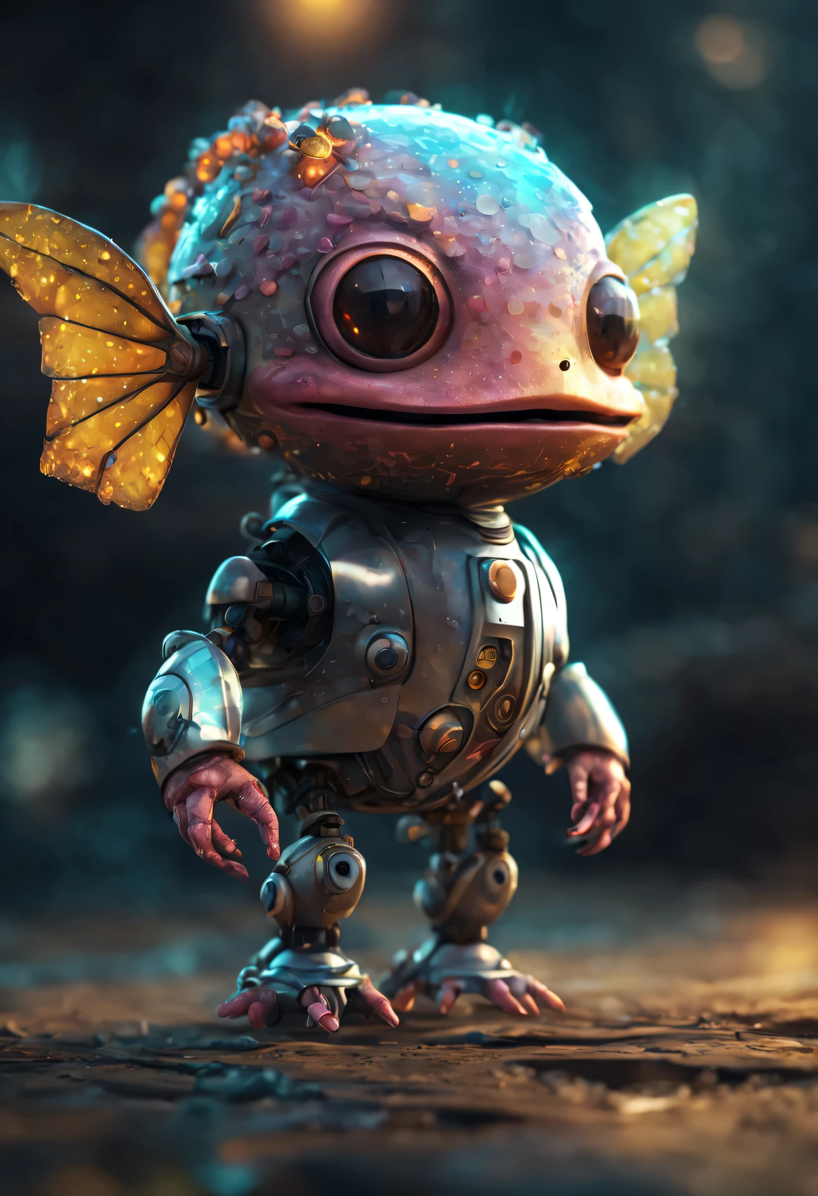 ultra muy detallado, linda caricatura robot-axolotl, arte conceptual, Vadim Kashin, gran angular, Claroscuro, luz de llanta, cinematic light, cinematic effects, Ultra texturizado, ultra muy detallado, Estiliza 1000, Viñeta, Luz puntual, Efecto vidrio roto, Sin antecedentes, impresionante, algo que ni siquiera existe, Being mythical, energy, molecular, texturas, escamas iridiscentes y luminiscentes, impresionante belleza, Pure perfection, presencia divina, inolvidable, impresionante, impresionante belleza, volumetric light, auras, rayos, Los colores vivos reflejan, amarillo negro