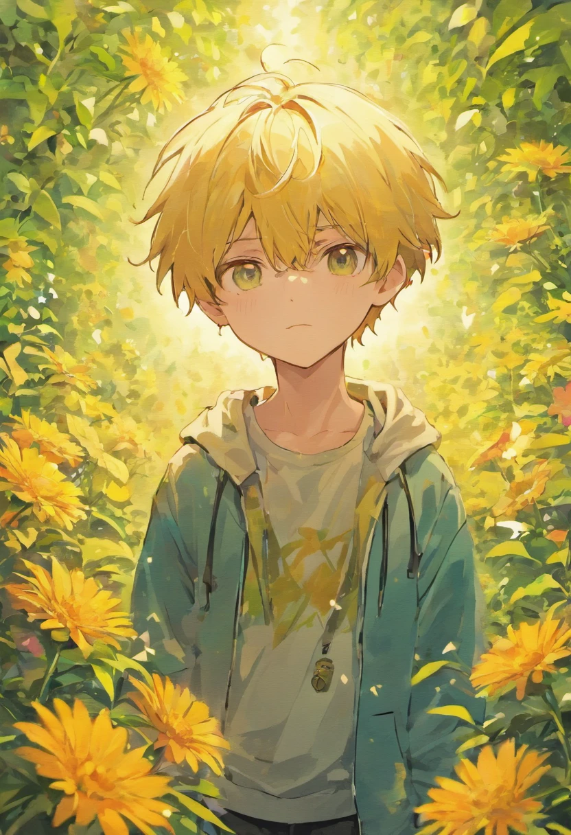 masterpiece, collage of teenage boy, casual outfit, flowers, blond hair, black hair,
