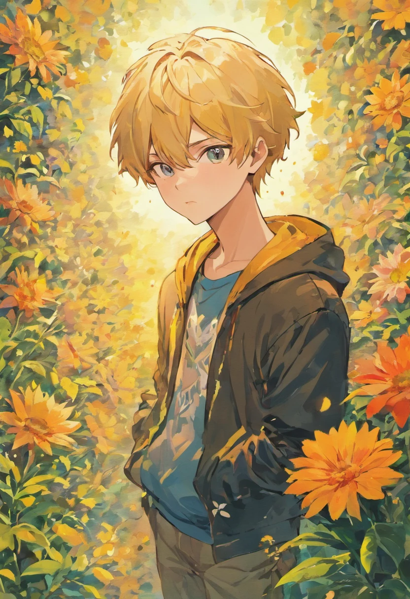 masterpiece, collage of age boy, casual outfit, flowers, blond hair, black hair,