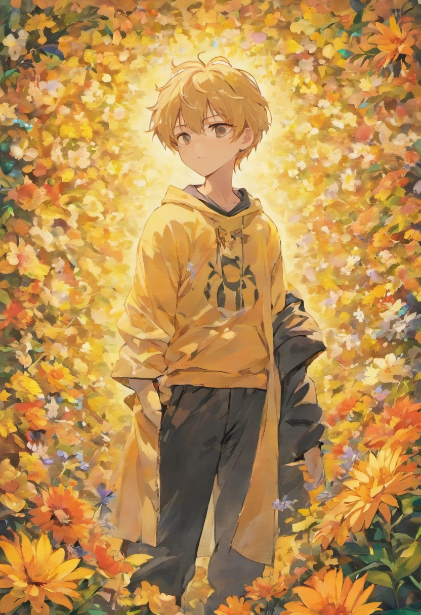 masterpiece, collage of teenage boy, casual outfit, flowers, blond hair, black hair,
