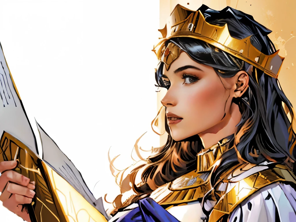 There is a young woman with a crown on her head. biblical costumes. biblical style. biblical setting. Estilo comics.