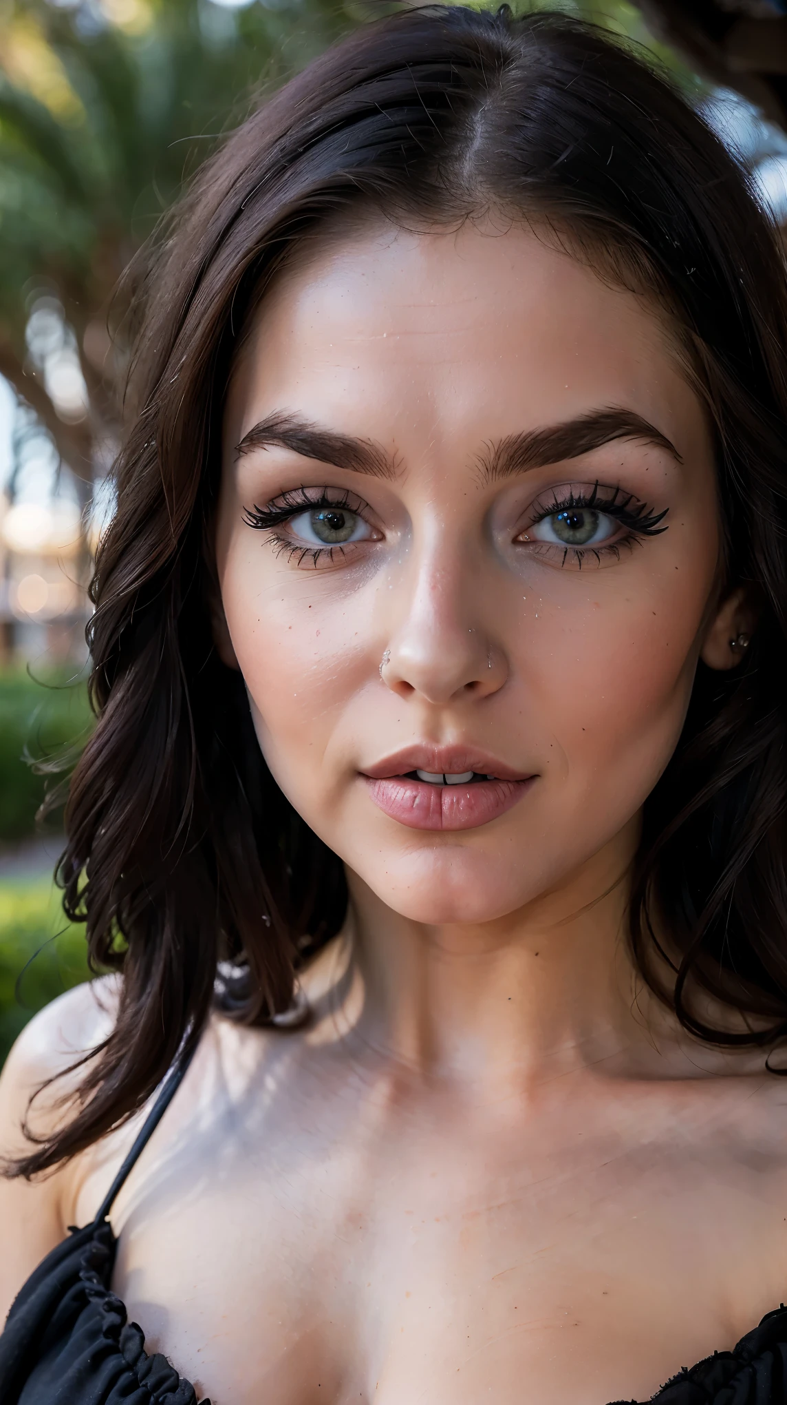 (ultra realistic) Photo, masterpiece, top quality, (Ultra detailed face and eyes:1.3), young girl, ((Eye makeup, mascara)), ((plump detailed lips)), shoulder length voluminous hair. ((Posing)), photoshoot, (gloomy) Lighting, ((Shallow depth of field, bokeh)) , (special attention to skin detail: 1.3), Detailed leather texture, skin pores. (Dark atmosphere of the frame. color scheme - black, Gray, Ashen, blue tones), (Chest-high portrait), (cinematic background blur), ((night, In the shade))
