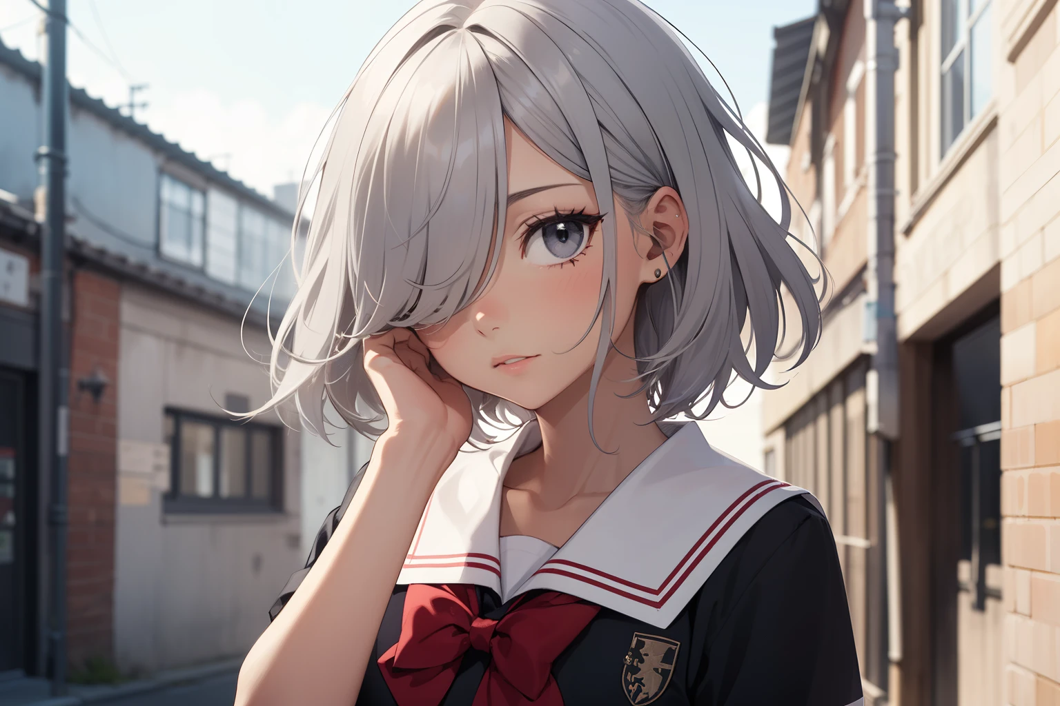 1 girl, gray eyes, short silver hair covering her eyes, black school uniform, red bow, expressão brava, super detailed, no caminho da escola