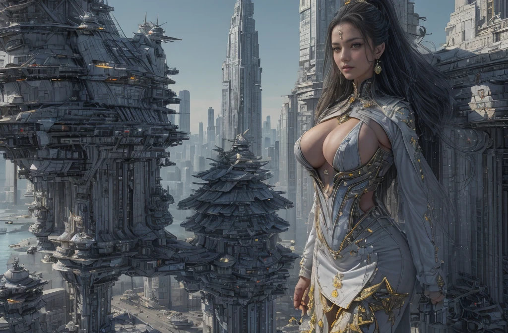 High quality, 8K, Photo quality, Incredible fantasy city, mega skyscrapers, flying cars, space elevator towers, Super Detail, trees, flowers, Many different buildings, spaceships in the sky, Ultra detail, many elements, blue and gold, yellow numbers on the towers, Character incredibly beautiful girl, posing in front of a flying car, full length, stands on the balcony, dressed in the uniform of a space fleet lieutenant, on the neck there is a purple bow of the hero of the empire with diamonds, leash around the neck, , submission, disturbance, fabulous car without wheels, car hanging above the ground, gravity engines instead of wheels, aggressive car shape, a lot of details, super car, expensive convertible., Incredibly beautiful face, very detailed face, Detailed eyes, detailed hair, Expensive earrings, lace covers breasts, nipple piercing, diamonds, Emeralds, Rubies, turquoise, correct anatomy, Thin body, Super Detail тела, many small details of the dress, Incredible fantasy city, mega skyscrapers, flying cars, space elevator towers, Super Detail, trees, flowers, Many different buildings, spaceships in the sky, Ultra detail, many elements, blue and gold, yellow numbers on buildings, straight and smooth lines, Street, evening, A lot of cars, sharp lines, contrast, City River, water fall, trees по берегу, fault in the earth&#39;s square, deep crevice, You can't see the ground, Very high, helicopter landing pads, interceptor hangars, lots of blue and yellow, bright colors, paint