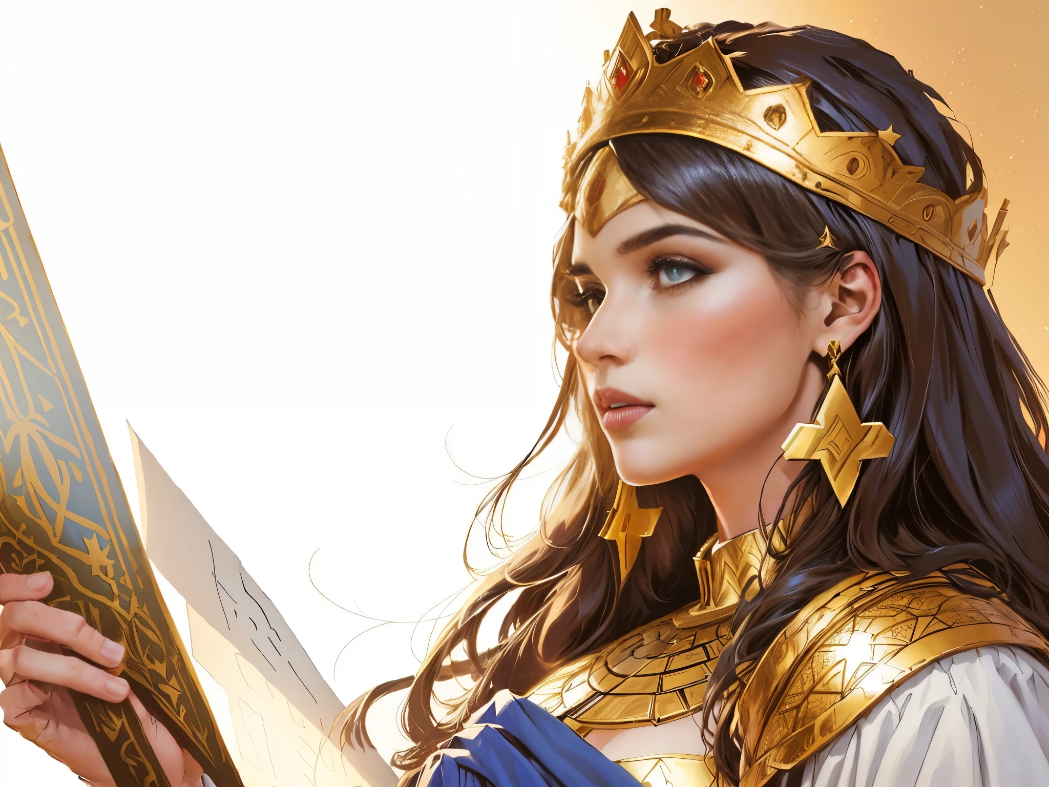 There is a young woman with a crown on her head. biblical costumes. biblical style. biblical setting. Estilo comics.