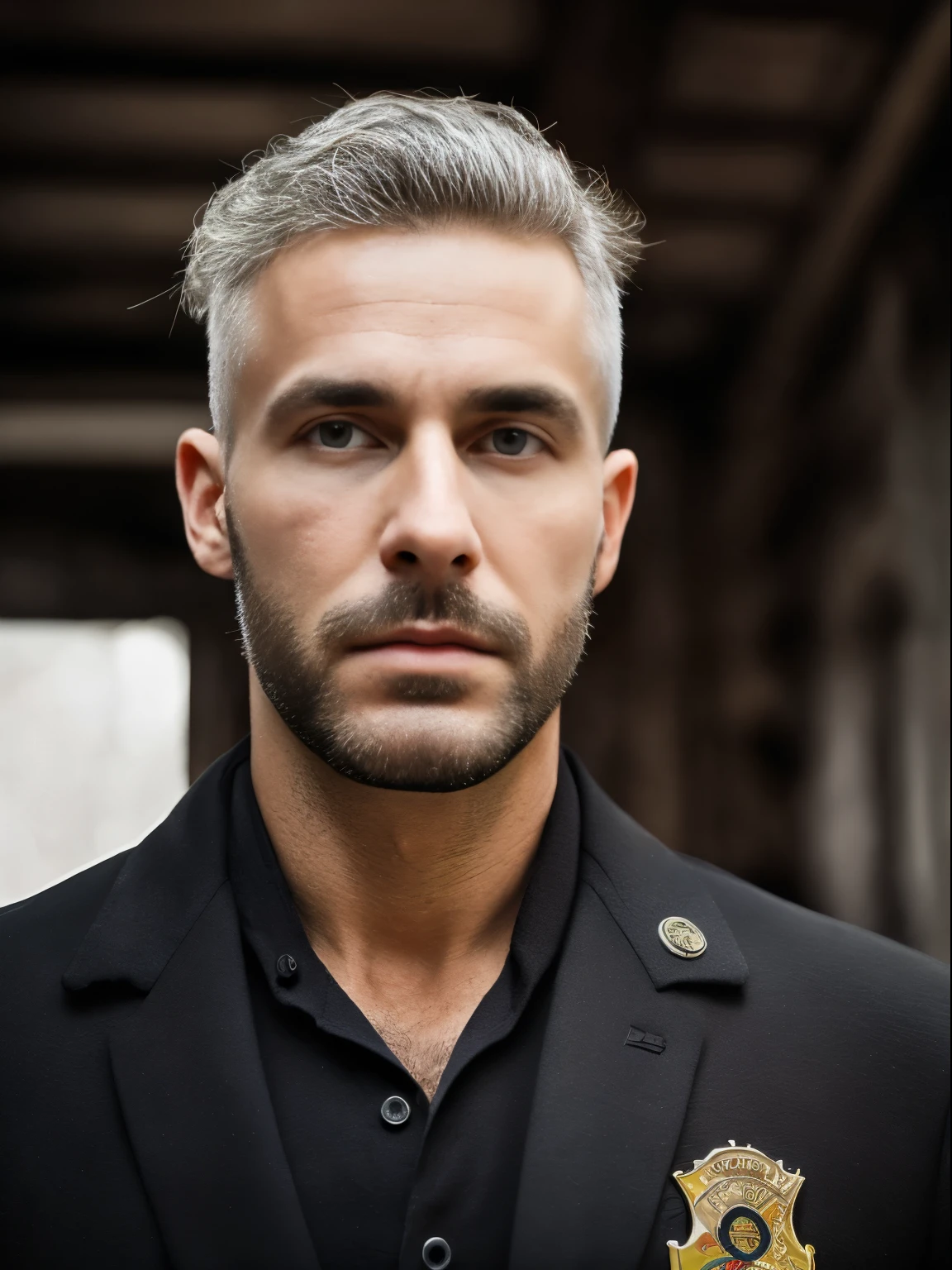 masterpiece, best quality, high resolution, closeup portrait, male focus, solo focus, A man, 35 years old, with firefighter uniform, closeup, firefighter suit, firefighter, bleached blonde silver hair, looking french, messy short hairstyle, lean body, cute and seductive face, bare chest, dirty body, messy hair, body hair, facial hair, facial hair unshaved, roman nose, very skinny body, hairy legs, dimples, medium beard, bold jawline , in the background a fire station, view from below, amazing composition, front view, HDR, ultra quality, elegant, highly detailed