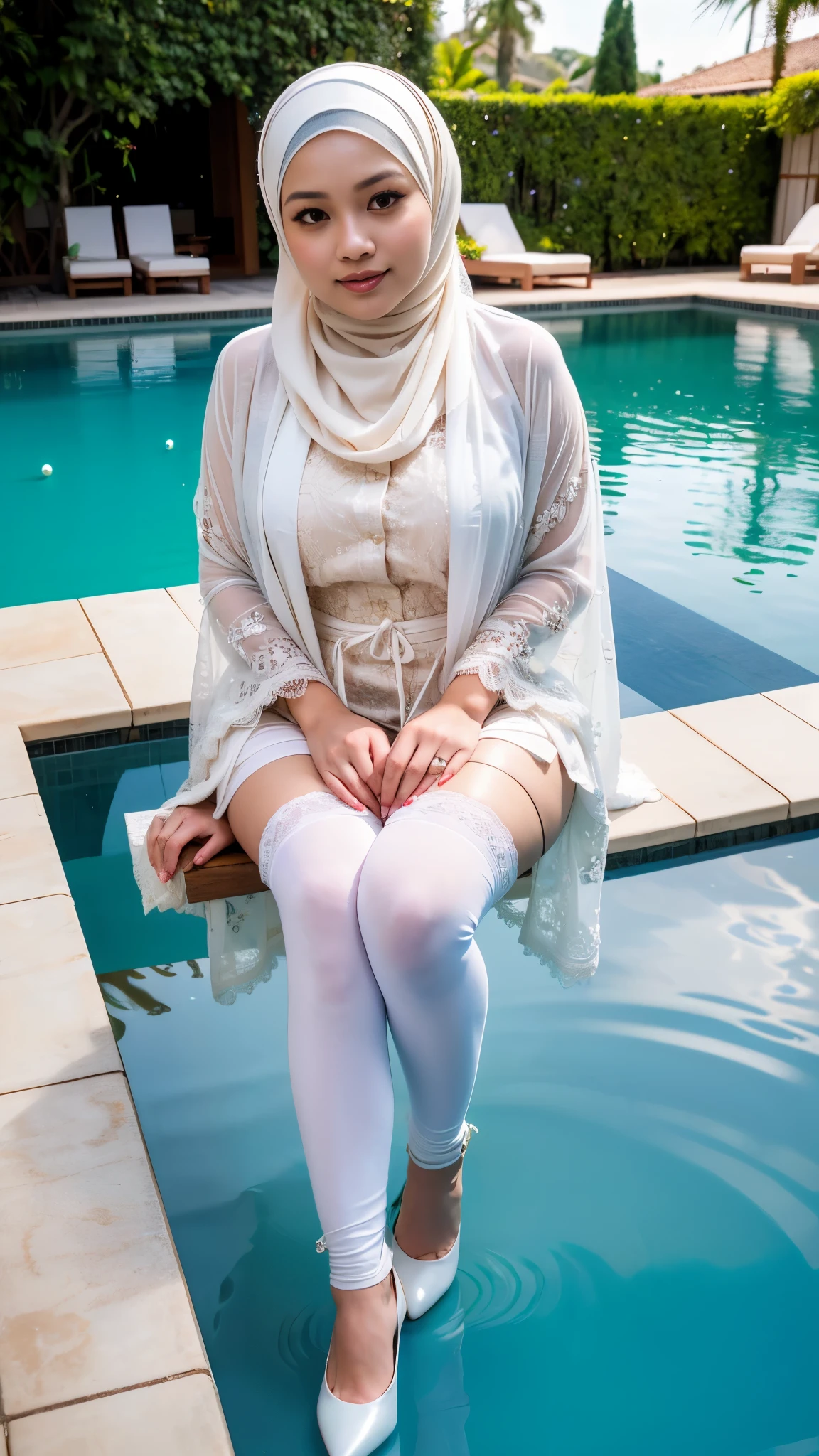 RAW, Best quality, high resolution, Masterpiece: 1.3, Indonesian woman in hijab, plump, wearing lace robe, dress, beautiful pearl skinned hijabi wearing tribal slave, heels, Masterpiece, white high stockings, Soft smile, sitting beside the villa swimming pool