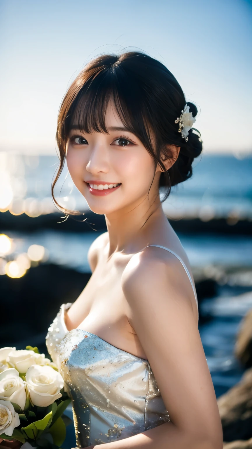 (highest quality,masterpiece:1.3,ultra high resolution),(Super detailed,caustics,8K),(realistic:1.4,RAW shooting),[roller:Shiita Keai:0.5],Japanese,28 years old,cute,(Looking at camera with a smile),(Black hair fluttering in the wind:1.1),short hair,natural makeup,(big ),白いWedding dress,(bust up shot),The sea sparkles reflecting the sunlight,warm light,Natural light,professional writing、wedding style、Wedding dress、