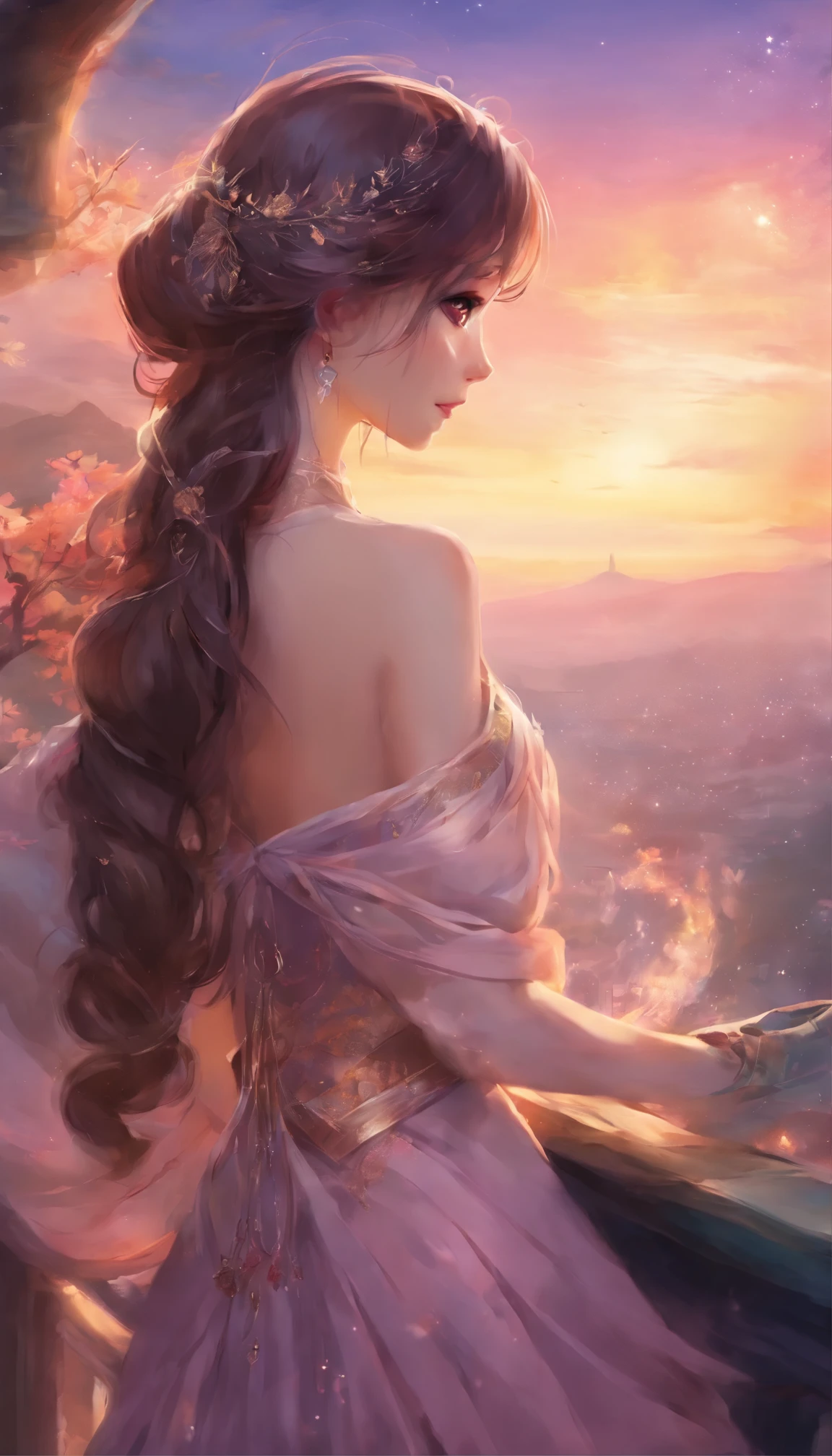 Close-up of a woman in a dress,With his back to the camera,The background is a city, Anime girl with long hair, Beautiful anime, Beautiful anime girl, Beautiful anime style, Anime princess, lovely languid princess, Beautiful anime woman, uma linda princesa, long hair girl, beautiful and seductive anime woman, digital art of an elegant, beautiful gorgeous digital art, beautiful alluring anime ,Novel cover style,purpleish color