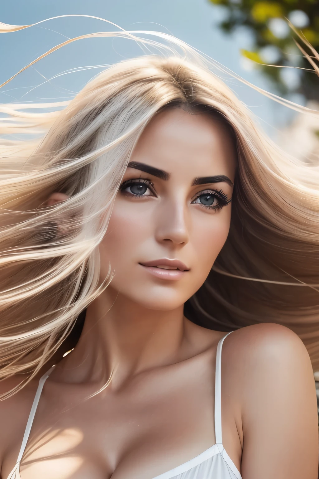 Photo of a 35-year-old Italian woman, realistic, sensual, ((striking face:1.5)), ((hair blowing in the wind:1.5)), wearing white clothes, robust breasts, ((detailed facial features:1.2)), ((finely detailed skin:1.2)), ((pale Italian skin:1.2)), ((outdoor environment:1.5)), ((sunlight:1.5)), ((reflector:1.2)), masterpiece, (high definition: 8K), (photographed using a Canon EOS R6, 70-200mm Lens, F/4, nffsw), (realistic text