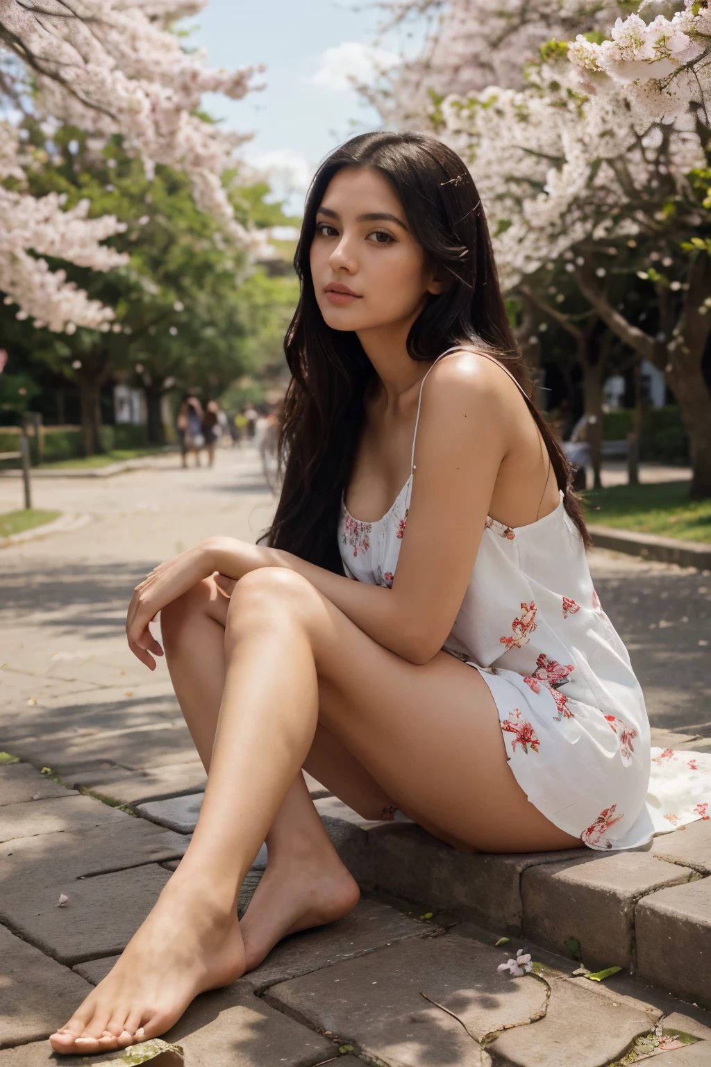 A tall beautiful Mexican woman with long black silky hair. She is barefoot wearing a short white mini-dress with floral print. She is sitting under the Cherry blossom trees.