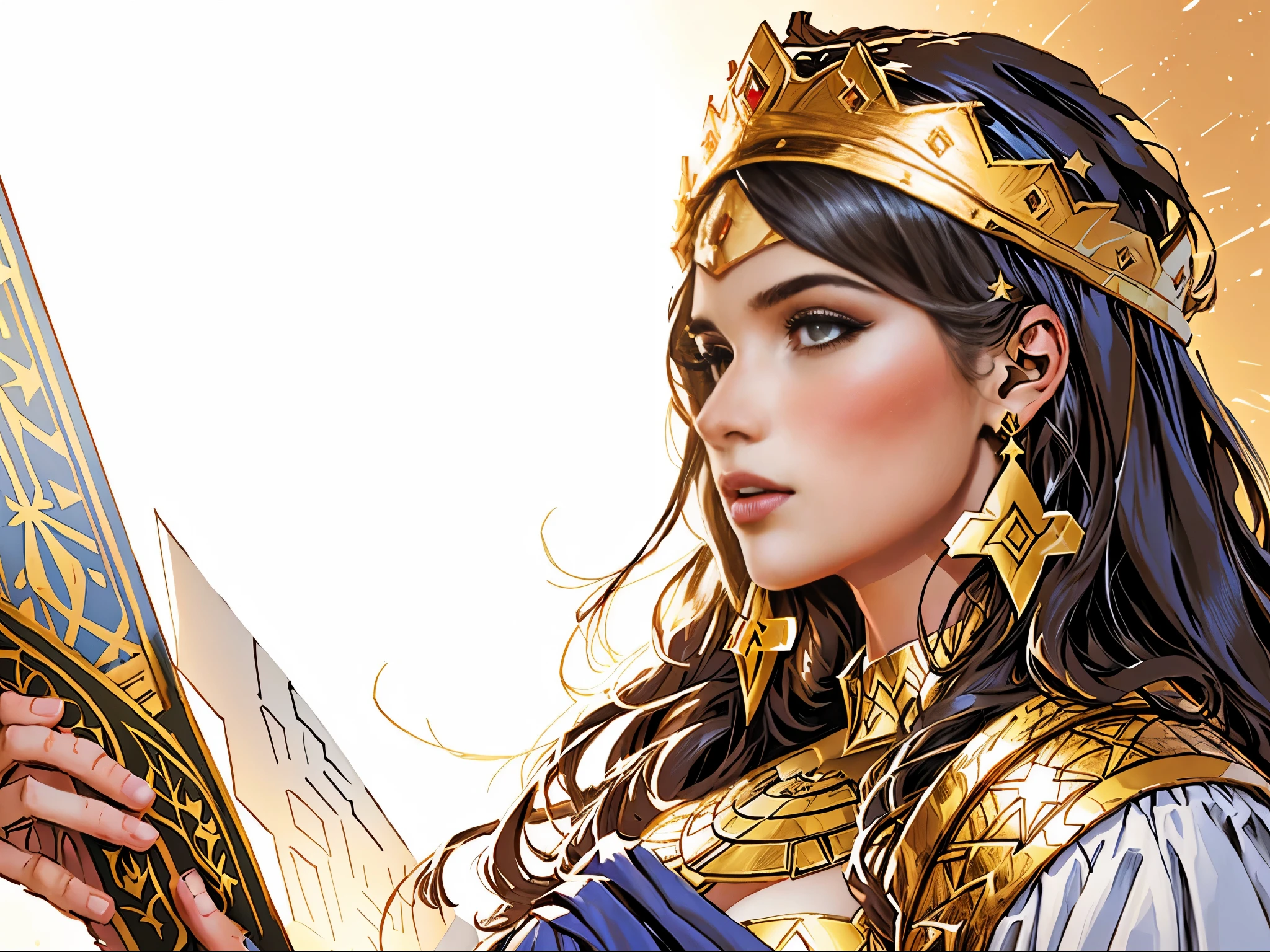 There is a young woman with a crown on her head. biblical costumes. biblical style. biblical setting. Estilo comics.