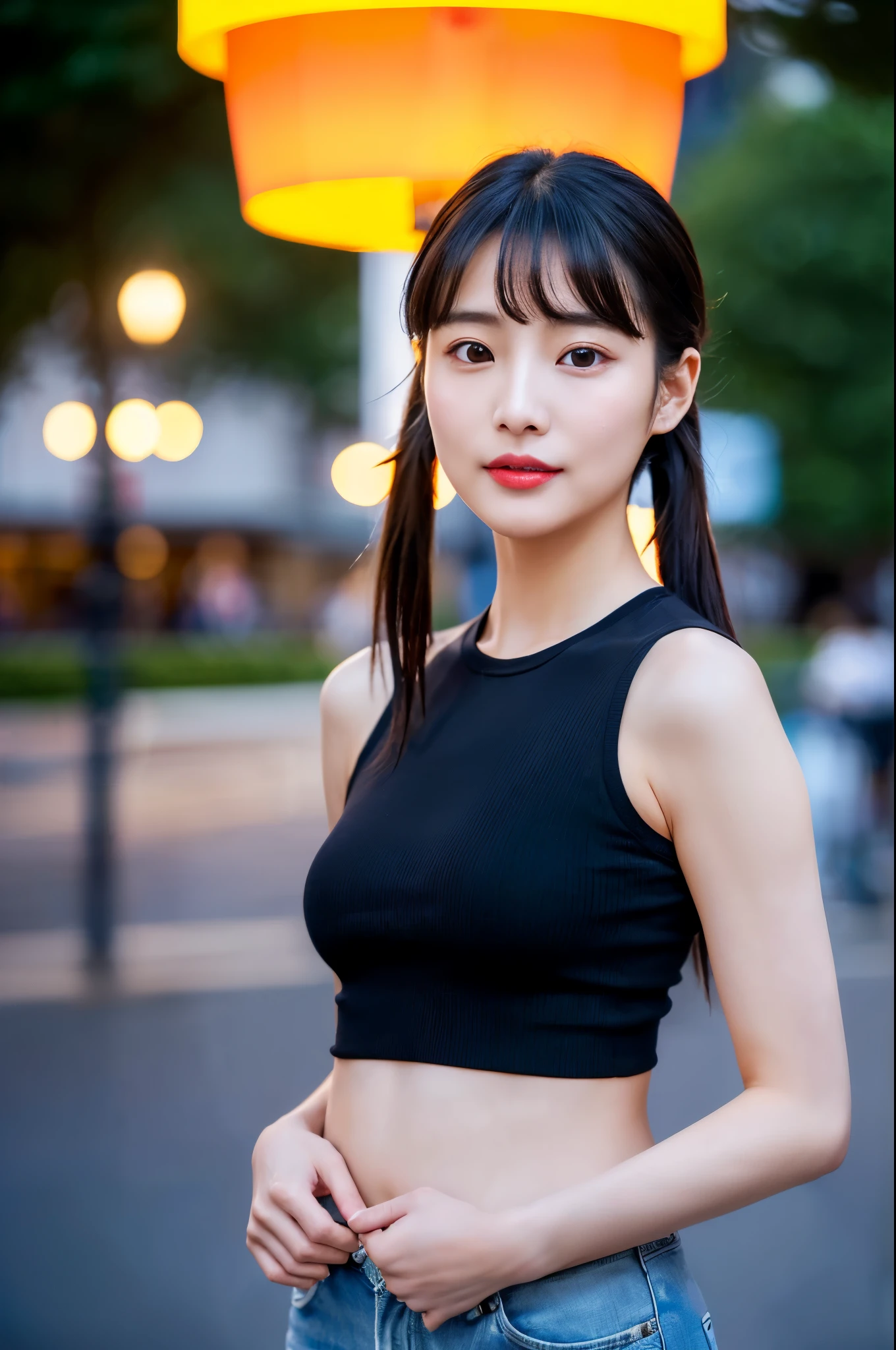 64K CG image of a Japanese woman in her 20s(super hyper real:1.5)Please generate it with。 BREAK,
(A cute woman with a and small breasts、Standing in a park in the city at night, shaking her black hair in twin tails.。she is in a tank top and hot pants、Creates a casual and lighthearted atmosphere。The light of street lamps spreads around you、The silence of the park at night brings out her childish face and loveliness.。:1.5),
BREAK,
(The camera angle captures her from head to toe., Highlight her beautiful fashion and attractive figure。:1.5),
BREAK,
Crisp and razor-sharp details(super clear details:1.5)and amazing color depth(color depth:1.25)is required。 Must imitate the unparalleled sharpness and color vibrancy of photos taken with ultra-high-end cameras such as MS and Fujifilm XT3,