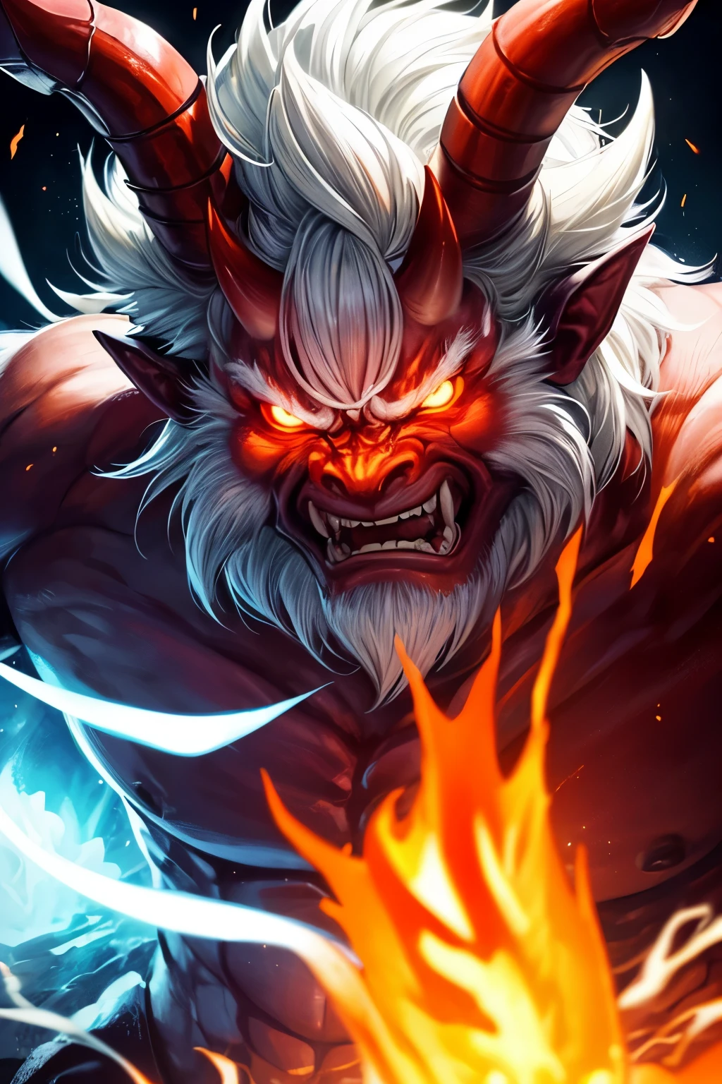 ((worst quality, low quality)), ((Close-up:1.3)), (((Oni))), ((horned, Oni RedOni1.5)), monster, ghost, ghost, weird, Muscle granules々,manly,(arm in arm:1.4), (Glowing red eyes:1.3), (condescending look), (Intense anger:1.4), (Hair that stands on end), (low angle shot, (Bright sunshine:1.2), Shadow, A mysterious figure appearing in the dark, candle light,  highest quality,Super detailed, masterpiece,