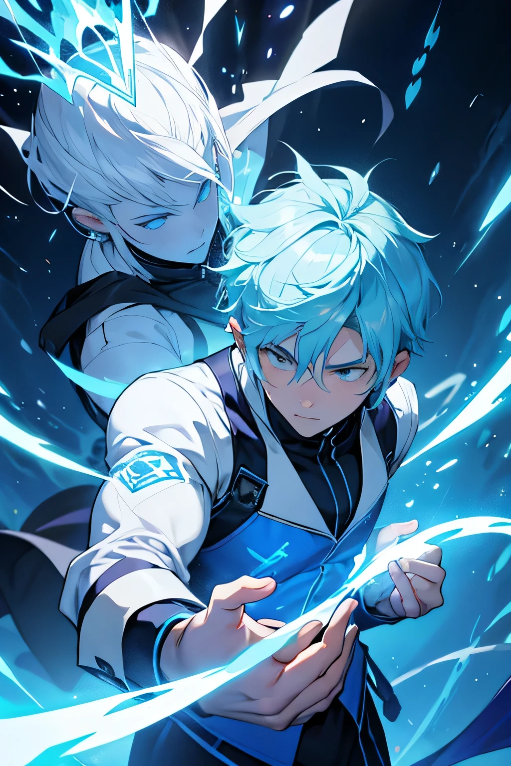 Um ser conjurando um clone de si mesmo com magia. The clone is made of blue energy