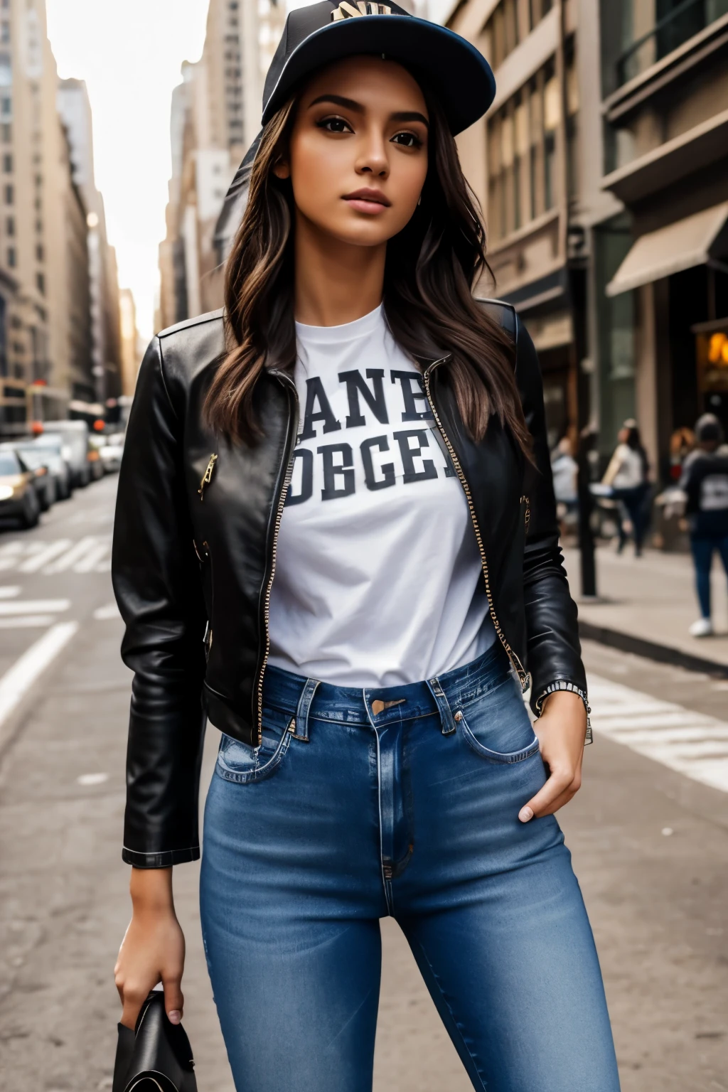 modelo mujer joven, 26 years, cuerpo completo, vestida con jeans , remera blanca, chaqueta negra y gorra, fondo calles de nueva york