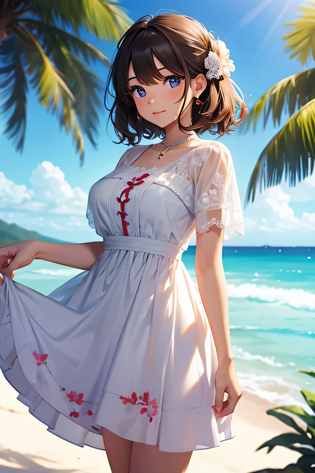 masterpiece、With background((Ocean、sandy beach))、15 year old student、beautiful girl、、Embroidery with attention to detail on the dress、skirt、