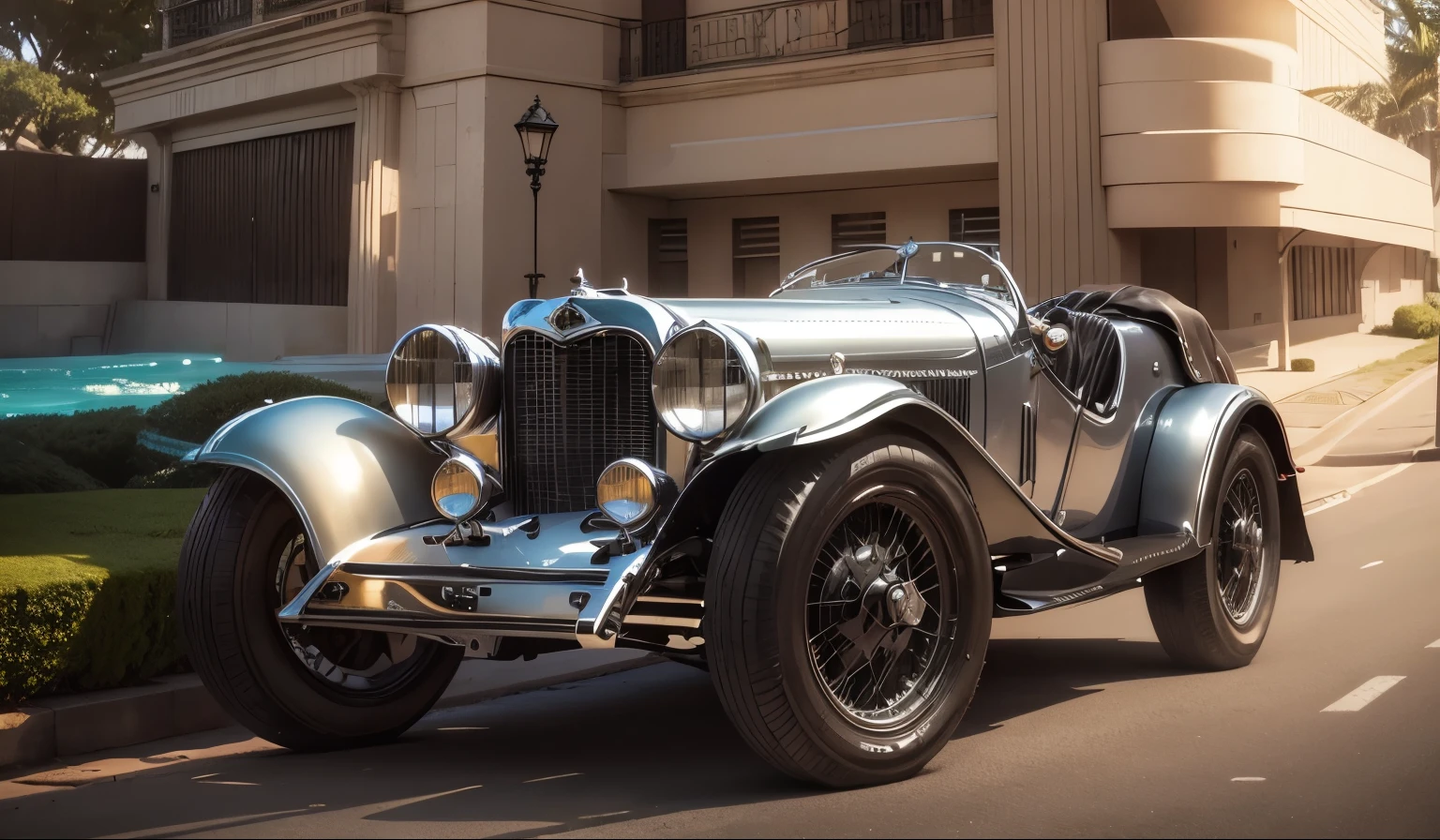 An imposing vintage 1930s metallic gray sports car, impecavelmente restaurado, ostenta rodas BBS RS de 17 polegadas com acabamento cromado. Sua postura ridiculamente baixa o aproxima do asfalto da rua arborizada da ensolarada Beverly Hills. Palmeiras imponentes se erguem ao seu lado, while beautiful Art Deco mansions with white balconies complete the scene.