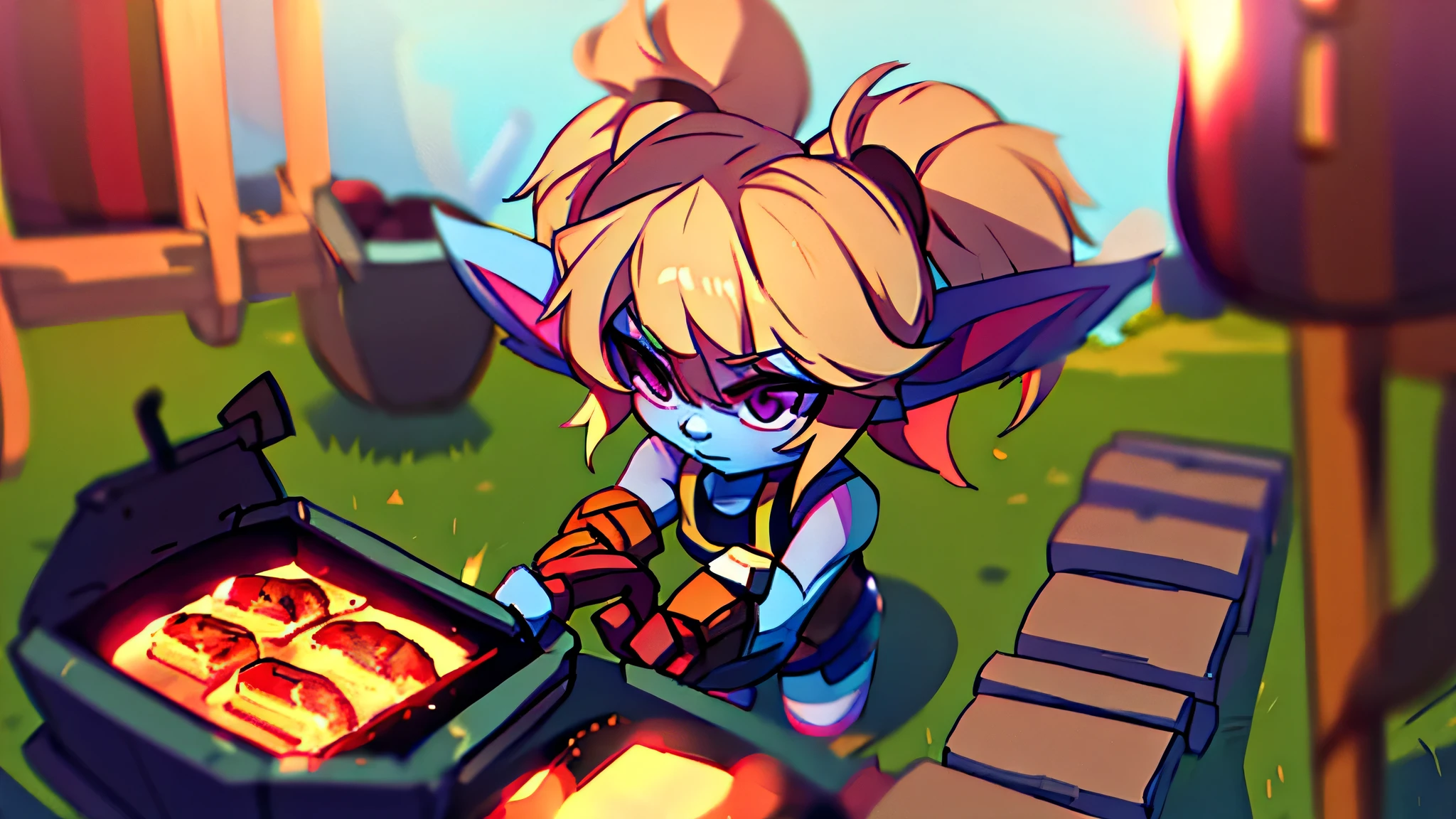 Poppy fazendo um churrasco, vestida com shorts curtos e uma regata