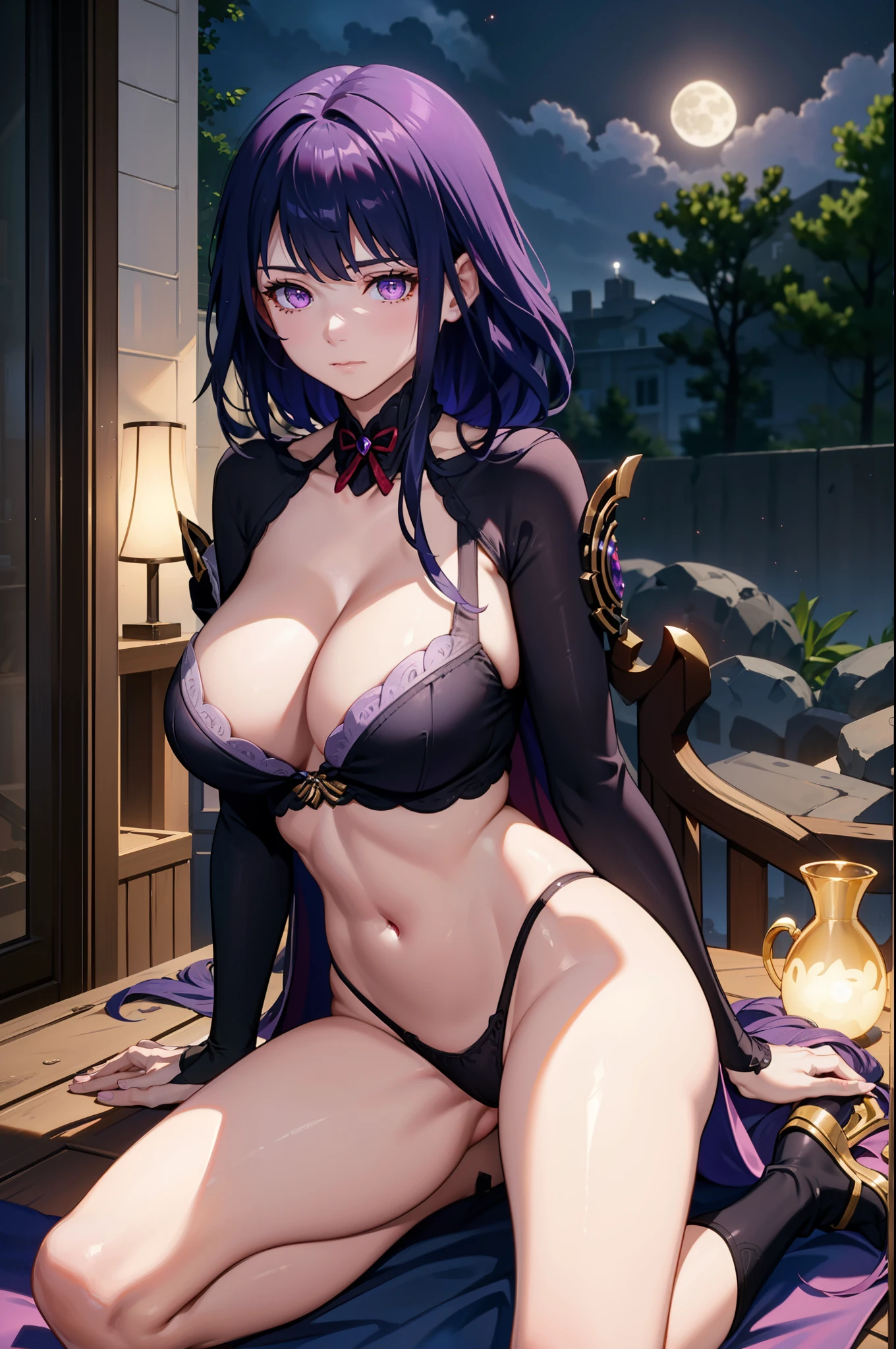 ((ultra realistic photo, 8k uhd, professional photo, full of details in clothes and face, eyes full of life, pink eye color, masterpiece, girl goddess of beauty)). Shogun Raider from Genshin Impact is a sexy woman with long flowing purple hair, pink energy glow at the ends of her hair, she wears highly detailed sexy lingerie, transparent panties, detailed kimono, she wears a jewel on the side of her head adorned with details gold and a jewel in the center. - She wears a purple and pink outfit with gold details, with ornate designs in gold. The upper part of the armor is tight to the body, highlighting her curves, her marked natural breasts, (she has long breasts, huge and perfect breasts emerging from her sexy and erotic cleavage, pointed BREASTS), ((transparent micro panties showing her pussy, perfect pussy, pubic hair, tight panties)), defined body, body with curves, big pert ass, pussy on display, Her arms are covered by armored gloves with similar designs in gold and attached to the arm by straps. - A piece of cloth flows from his waist, complementing the look of the armor. - ((Her face is very pretty, she has light pink eyes and a serious expression)). - In the background, there is a dramatic sky full of dark clouds and purple lightning lighting the scene. The full moon is visible between the clouds. poses, doing poses, sitting with legs open, squatting showing pussy, on all fours, heroic and flashy possessions.