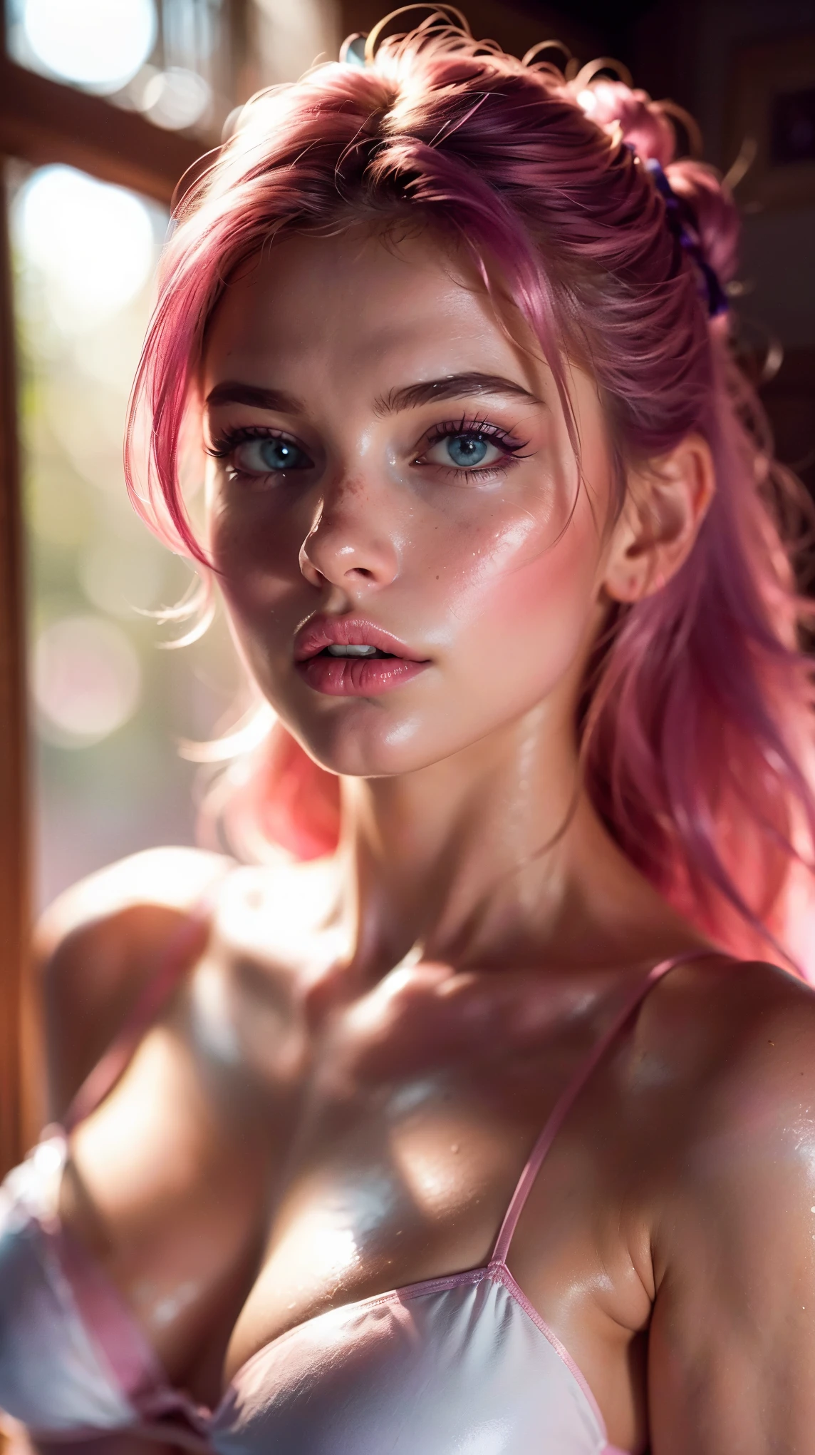 (((ultra realistic))) Photo, masterpiece, top quality, (pale skin), (Ultra detailed face and eyes:1.3), 1 girl, Adult, in a dress, ((Eye makeup, pink mascara)), ((large detailed lips)), ((Pink волнистые волосы)), ((Stylish hairstyle)) , (Natural breasts), (Slim waist),Slender legs. ((Posing)), photoshoot, (Soft) Lighting, (The play of light and shadows), depth of field, bokeh, (special attention to skin detail: 1.2), Detailed leather texture, skin pores. (Erotic atmosphere of the frame. Color range - purple, Pink, White tones), UDR, ((Film grain)), ((rays)), (Glare), ((full length photo)) , ultra detialed,