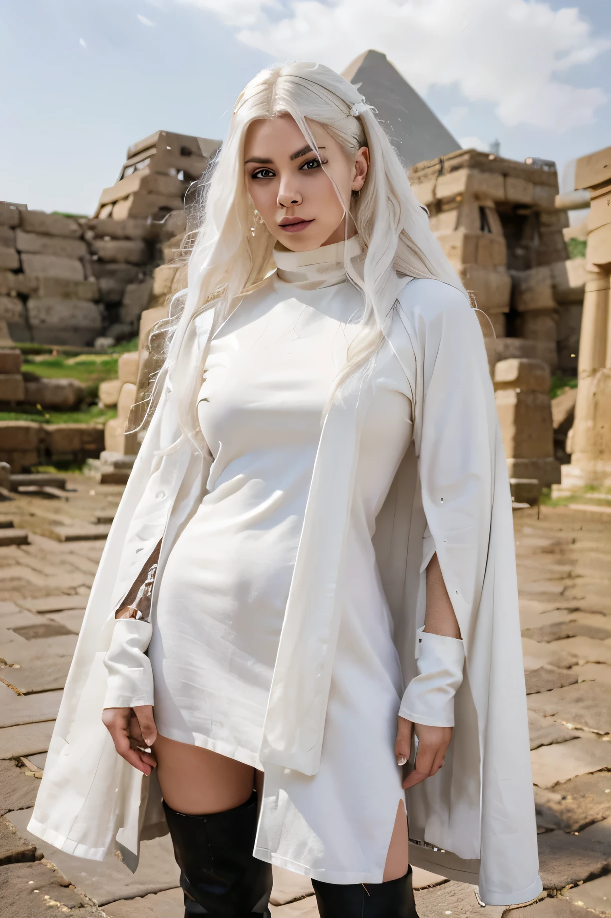 masterpiece, best quality, ((ancient city background)), standing, thin albino woman, black long boots, black dress, white hair, white eyelashes, white eyebrows, cold face, fair skin, light effect, soft, super clear, high definition image, (front) Egyptian woman